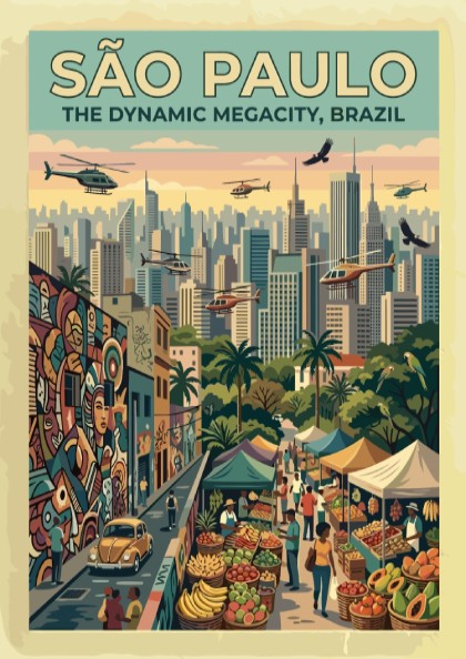 Travel poster of São Paulo Brazil featuring skyscrapers helicopters street markets and colorful graffiti.