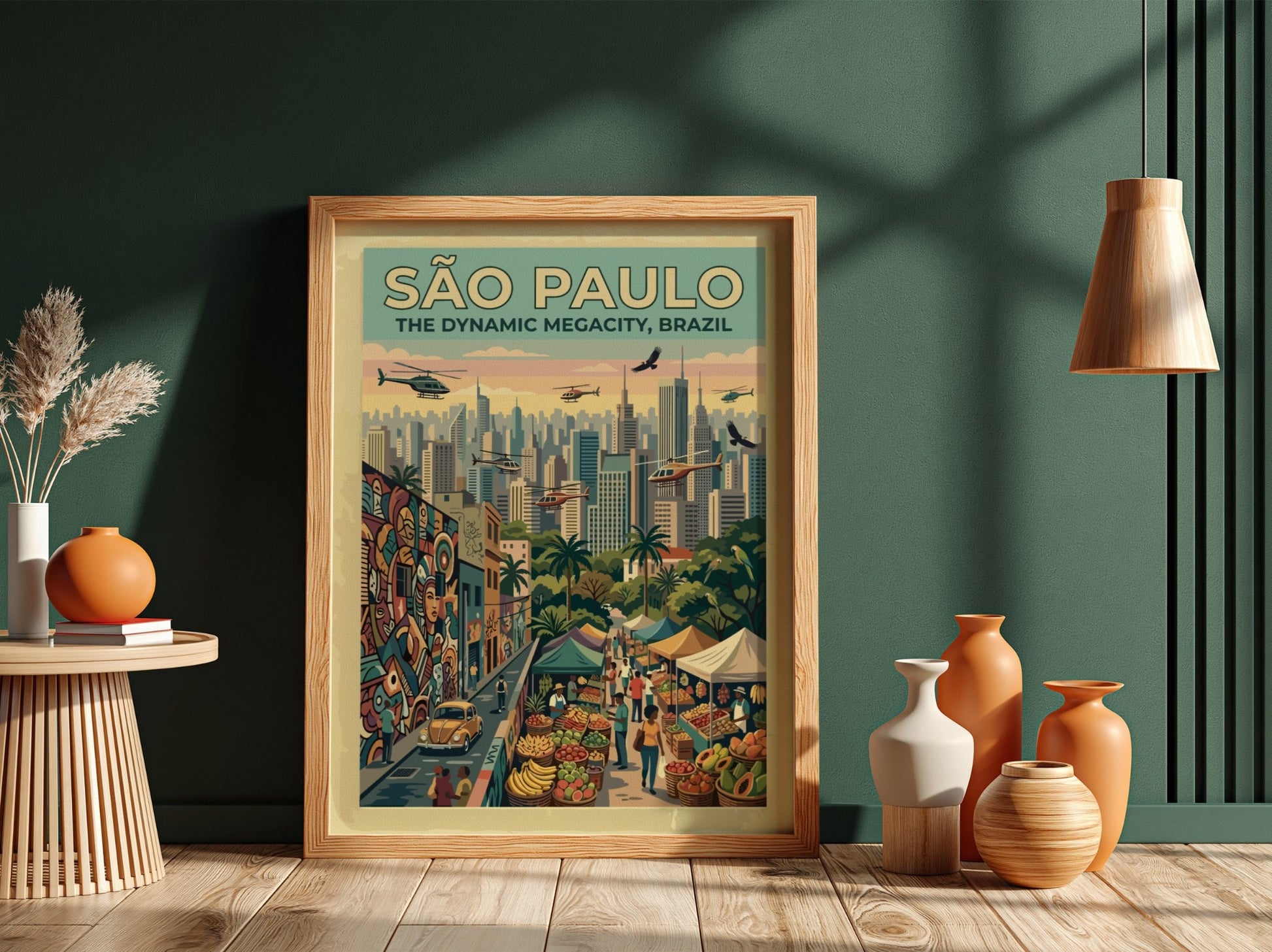 Travel poster of São Paulo Brazil featuring skyscrapers helicopters street markets and colorful graffiti.