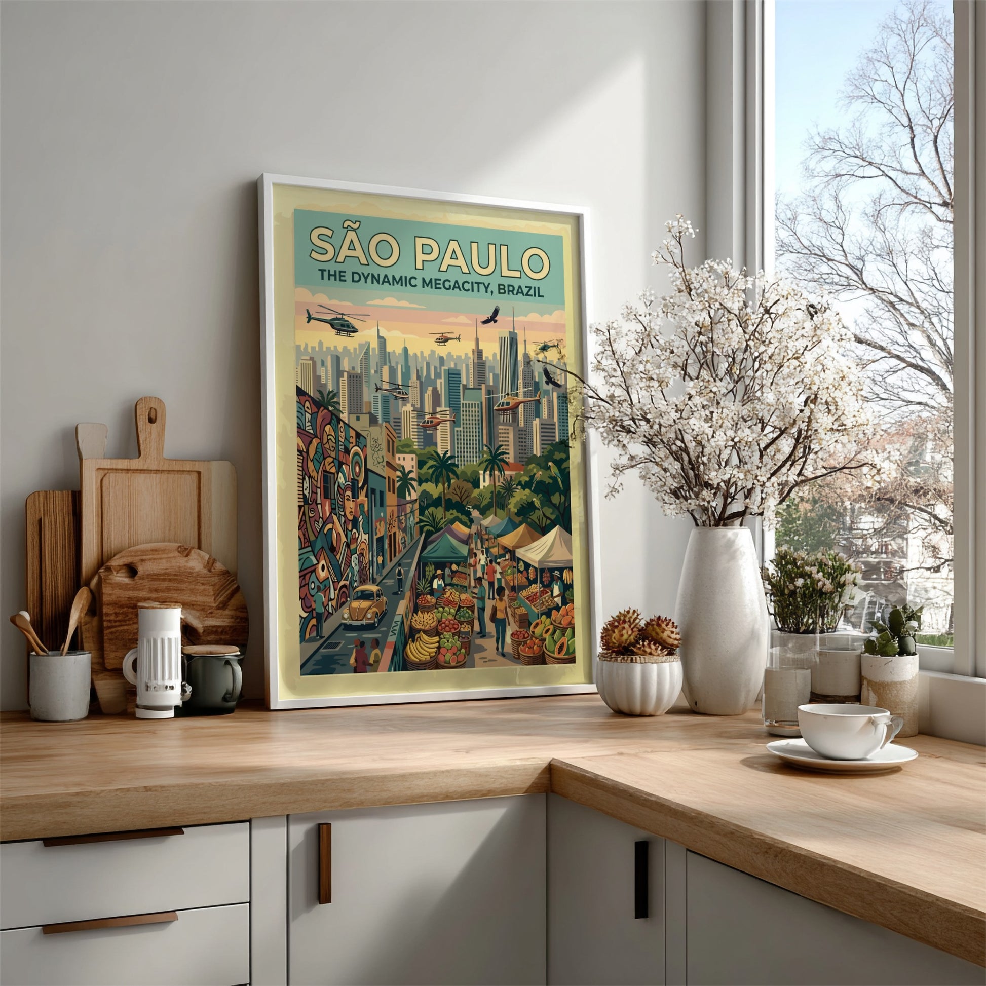 Travel poster of São Paulo Brazil featuring skyscrapers helicopters street markets and colorful graffiti.