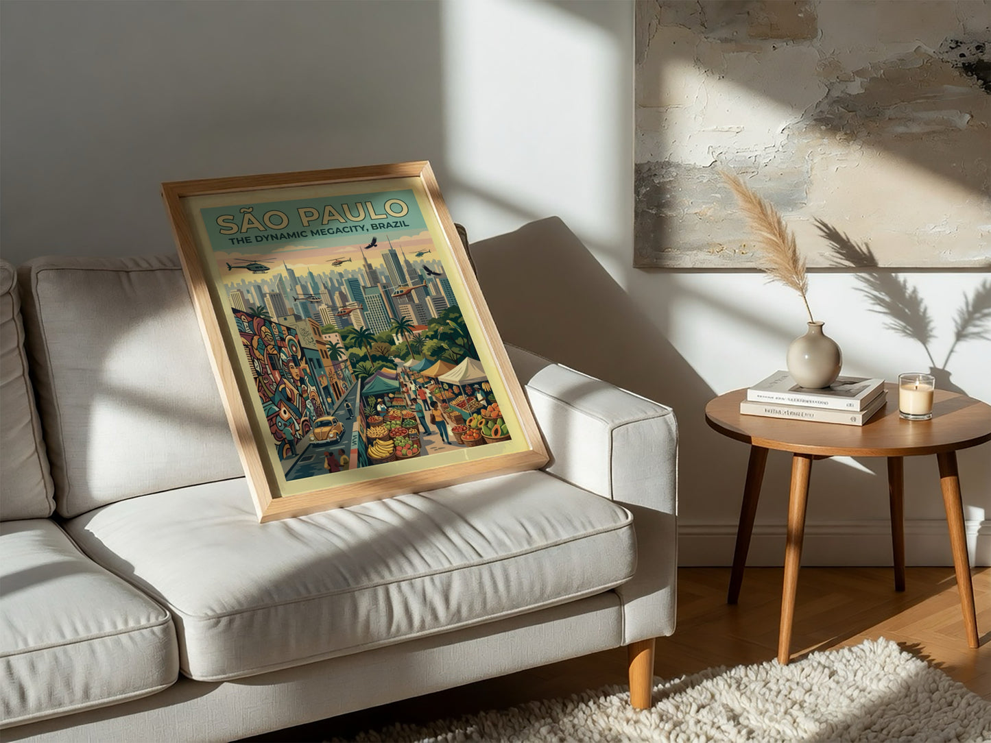 Travel poster of São Paulo Brazil featuring skyscrapers helicopters street markets and colorful graffiti.