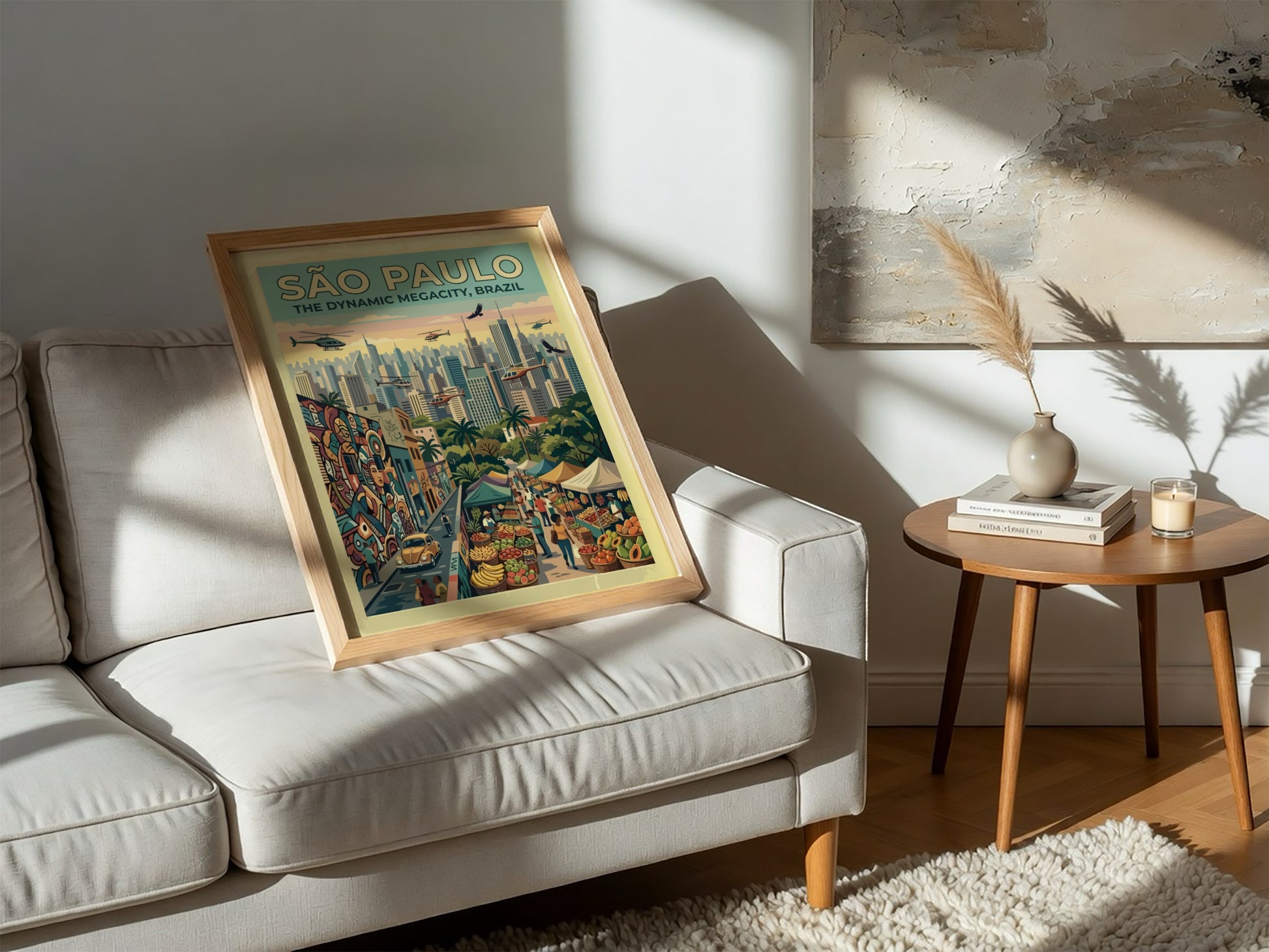 Travel poster of São Paulo Brazil featuring skyscrapers helicopters street markets and colorful graffiti.