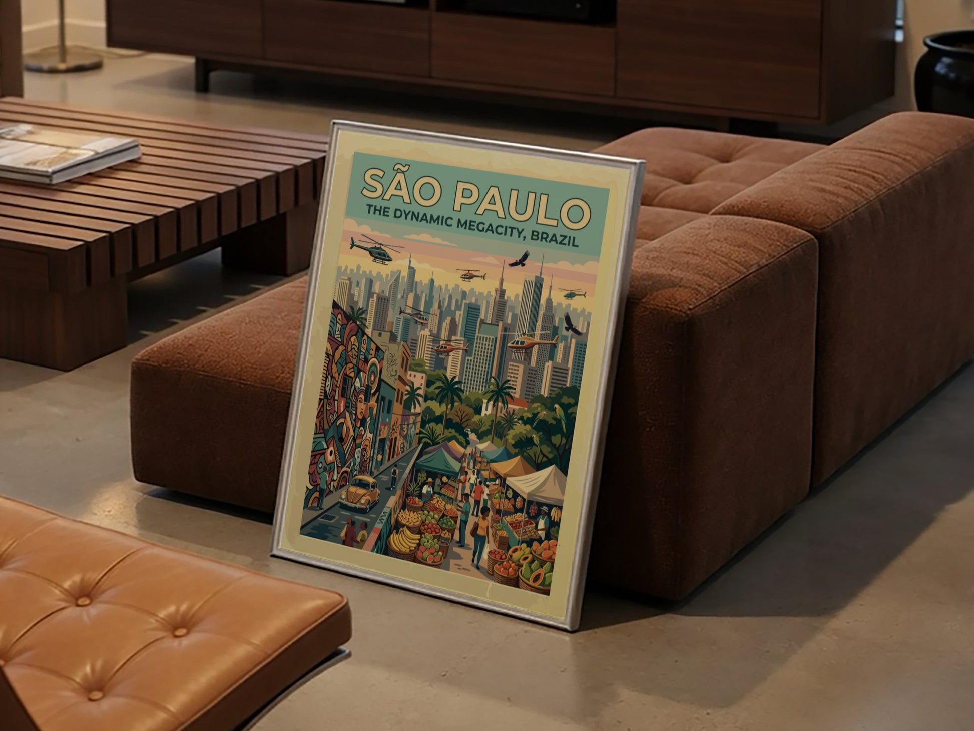 Travel poster of São Paulo Brazil featuring skyscrapers helicopters street markets and colorful graffiti.