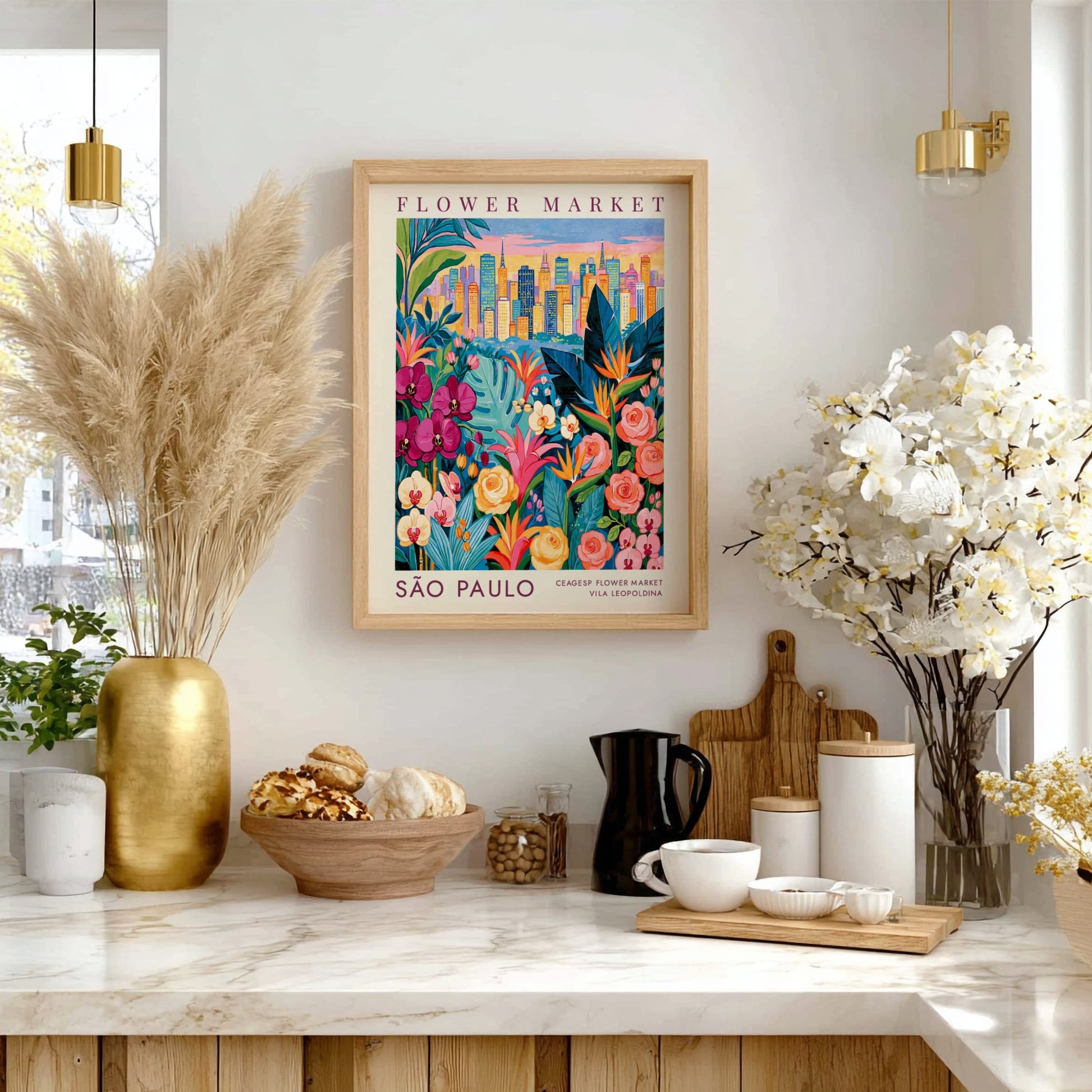 Flower market poster featuring vibrant colors and a city skyline, perfect for home decor.