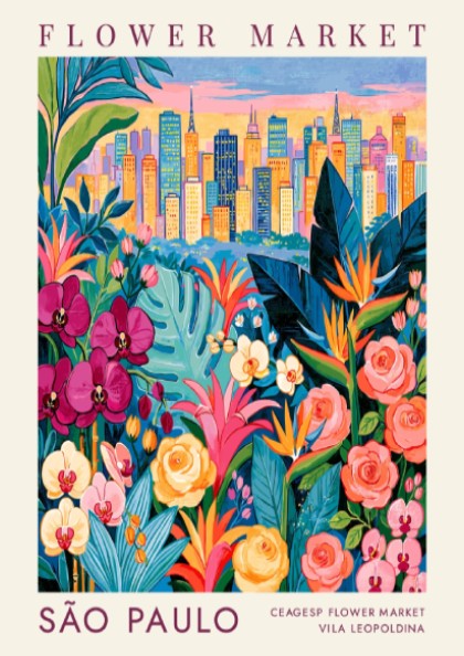 Flower market poster featuring vibrant colors and a city skyline, perfect for home decor.