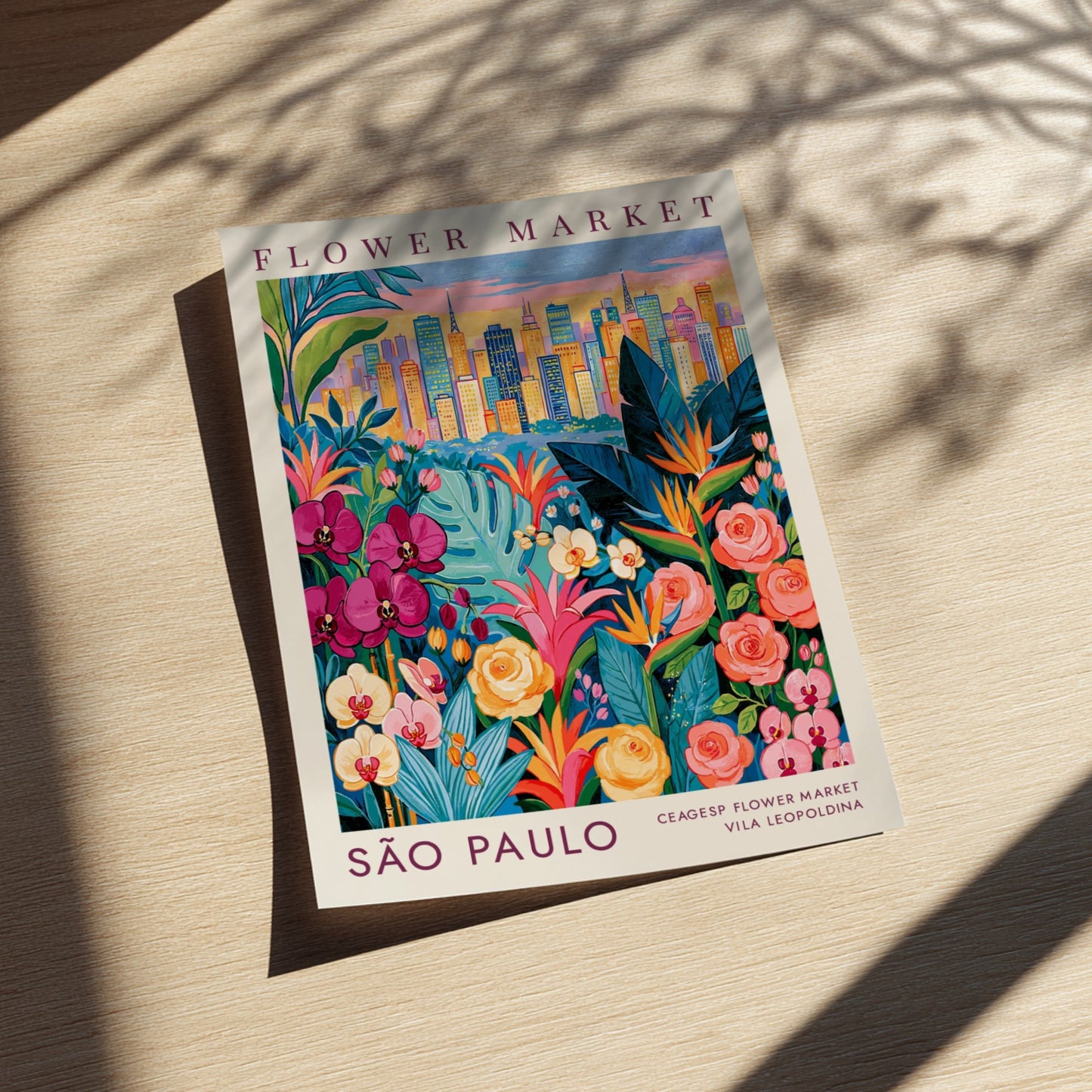 Flower market poster featuring vibrant colors and a city skyline, perfect for home decor.
