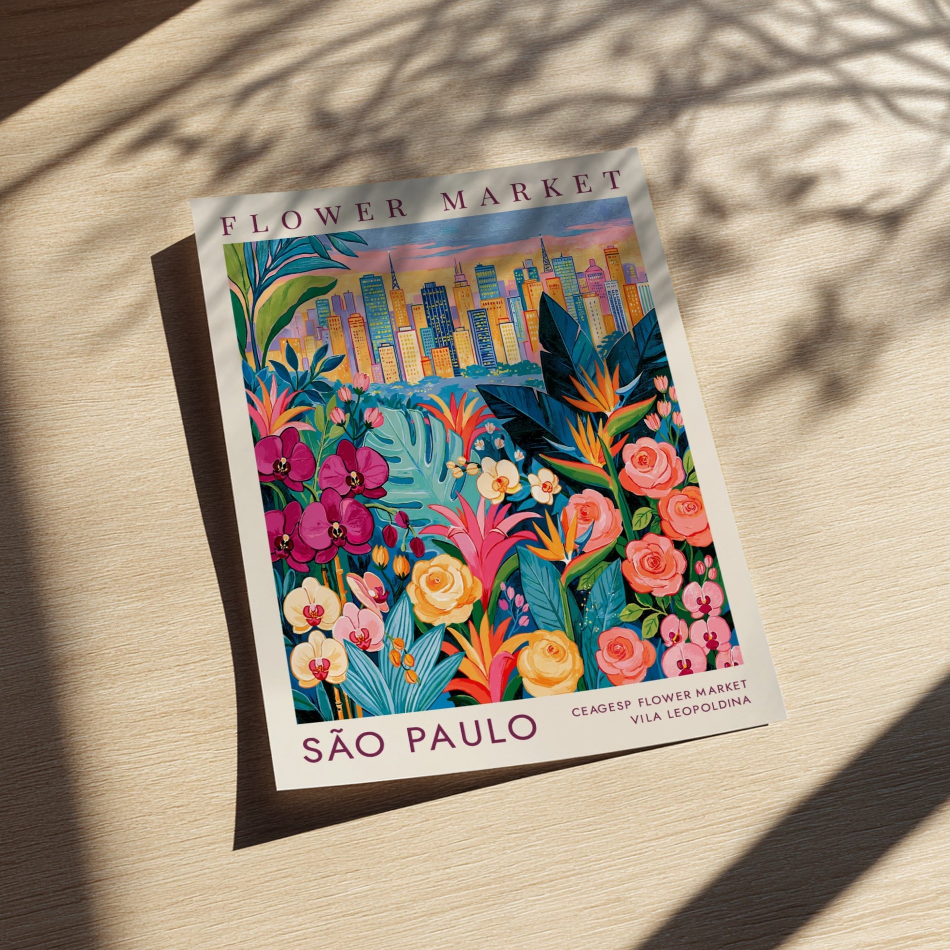 Flower market poster featuring vibrant colors and a city skyline, perfect for home decor.