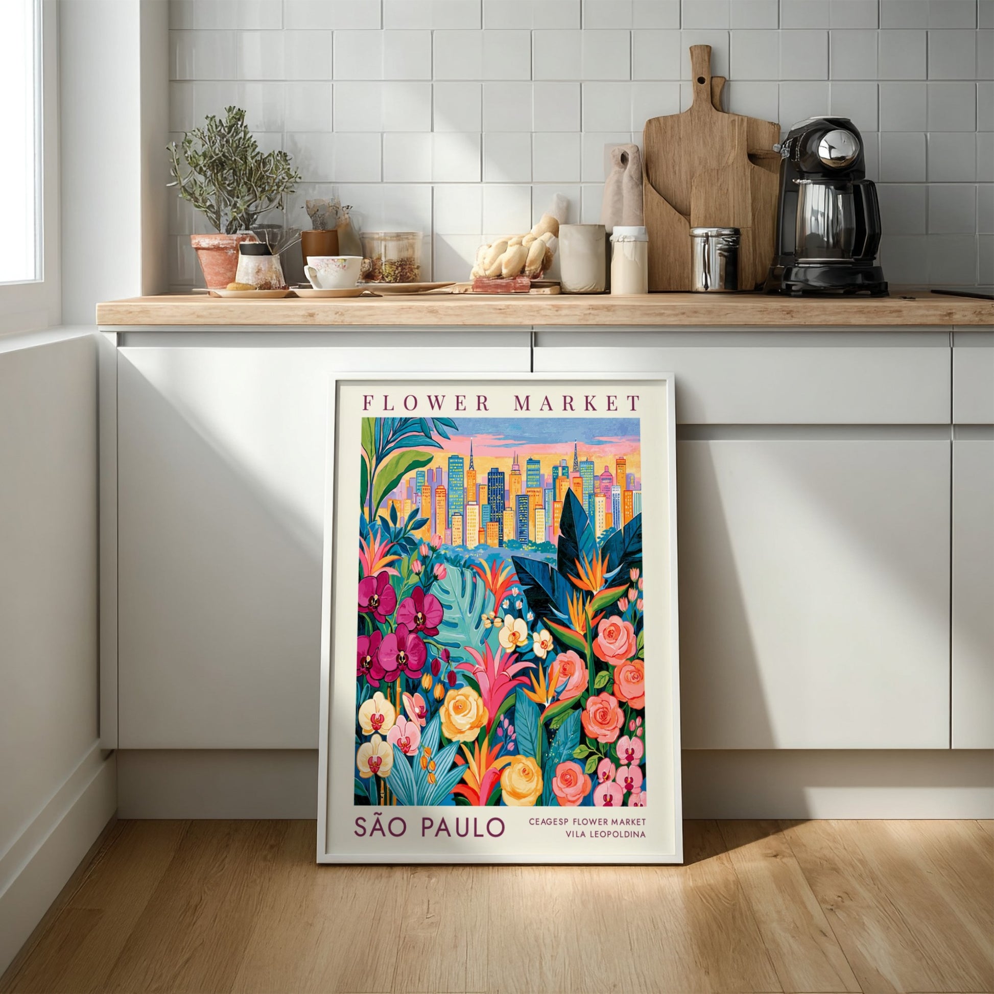 Flower market poster featuring vibrant colors and a city skyline, perfect for home decor.