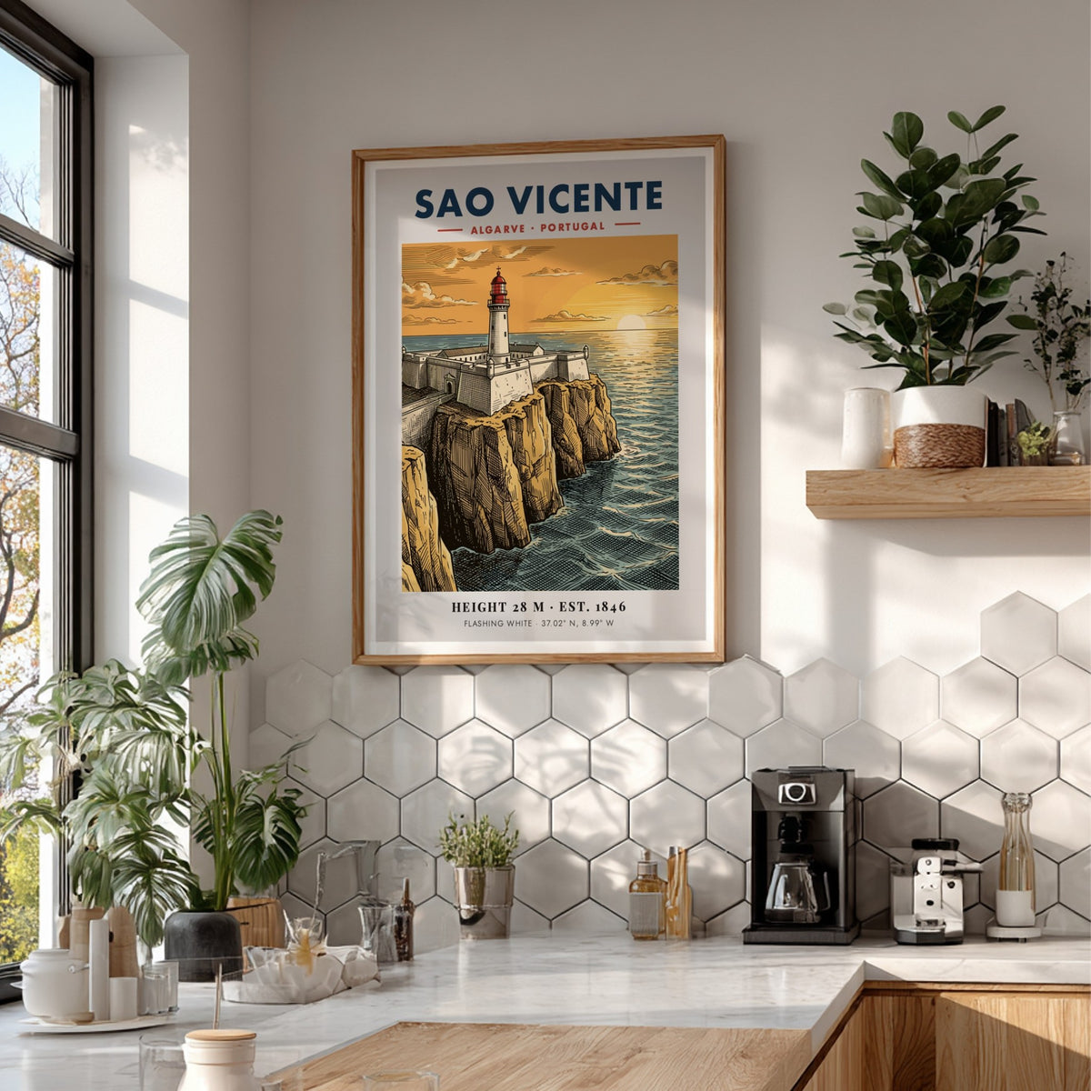 Poster showing the Sao Vicente lighthouse on a cliff at sunset, Algarve, Portugal.