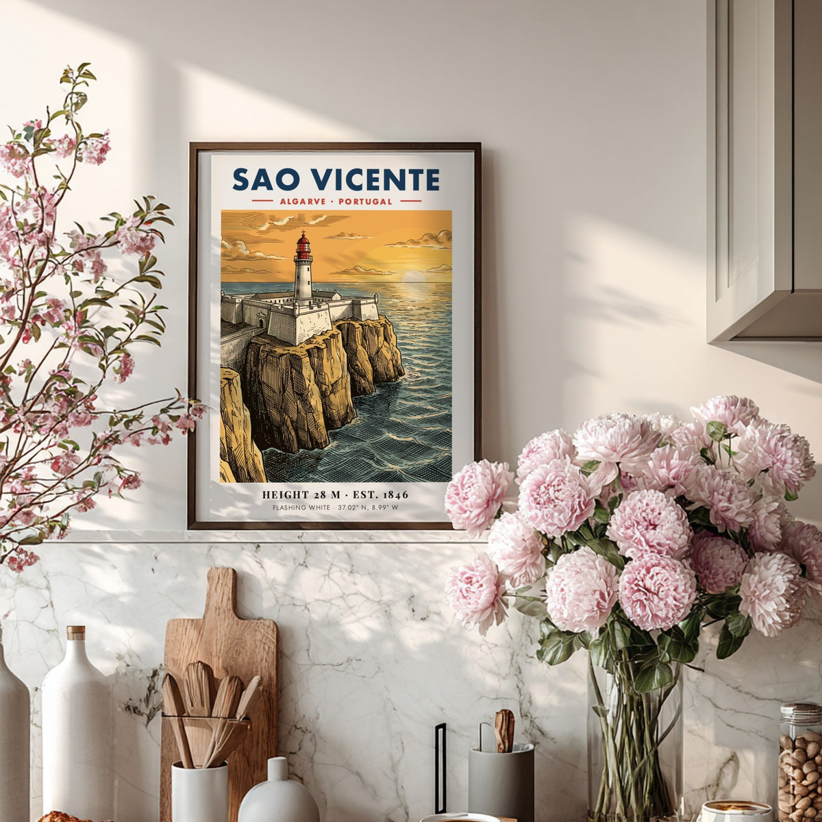 Poster showing the Sao Vicente lighthouse on a cliff at sunset, Algarve, Portugal.