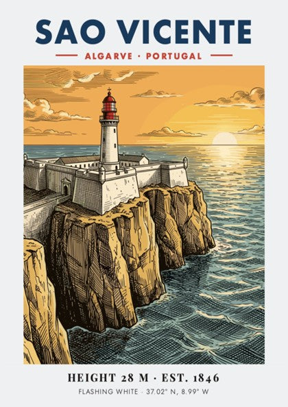 Poster showing the Sao Vicente lighthouse on a cliff at sunset, Algarve, Portugal.