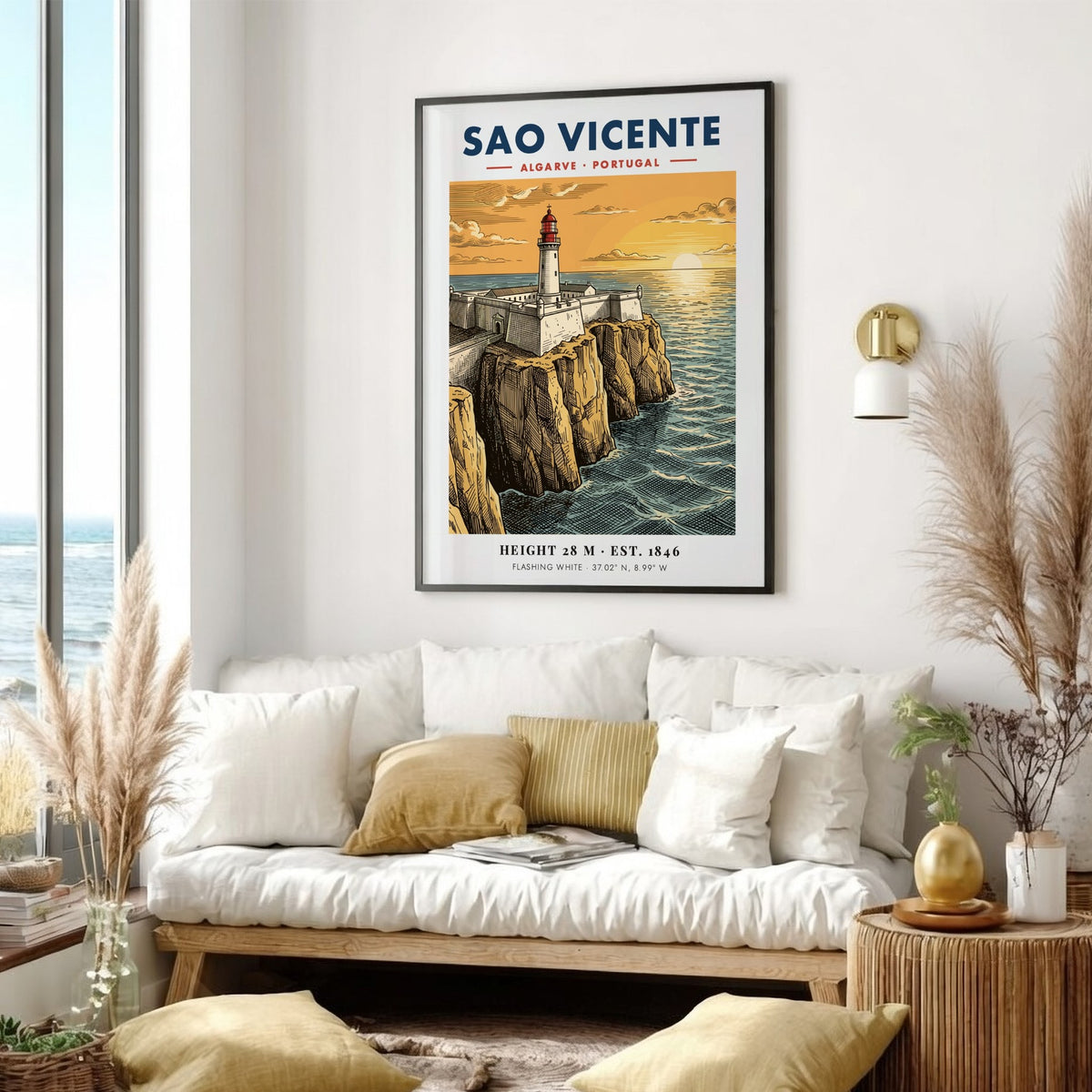 Poster showing the Sao Vicente lighthouse on a cliff at sunset, Algarve, Portugal.