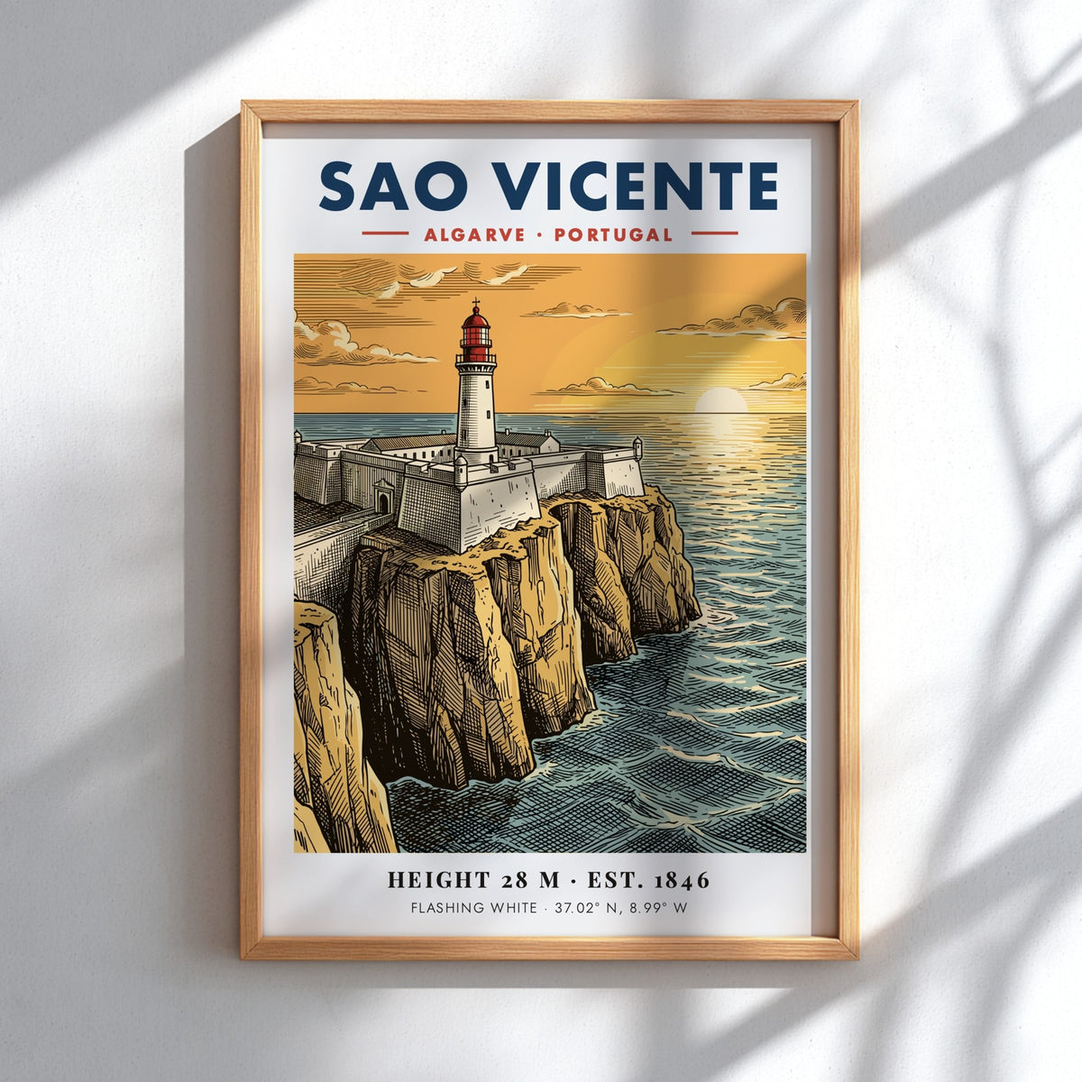 Poster showing the Sao Vicente lighthouse on a cliff at sunset, Algarve, Portugal.
