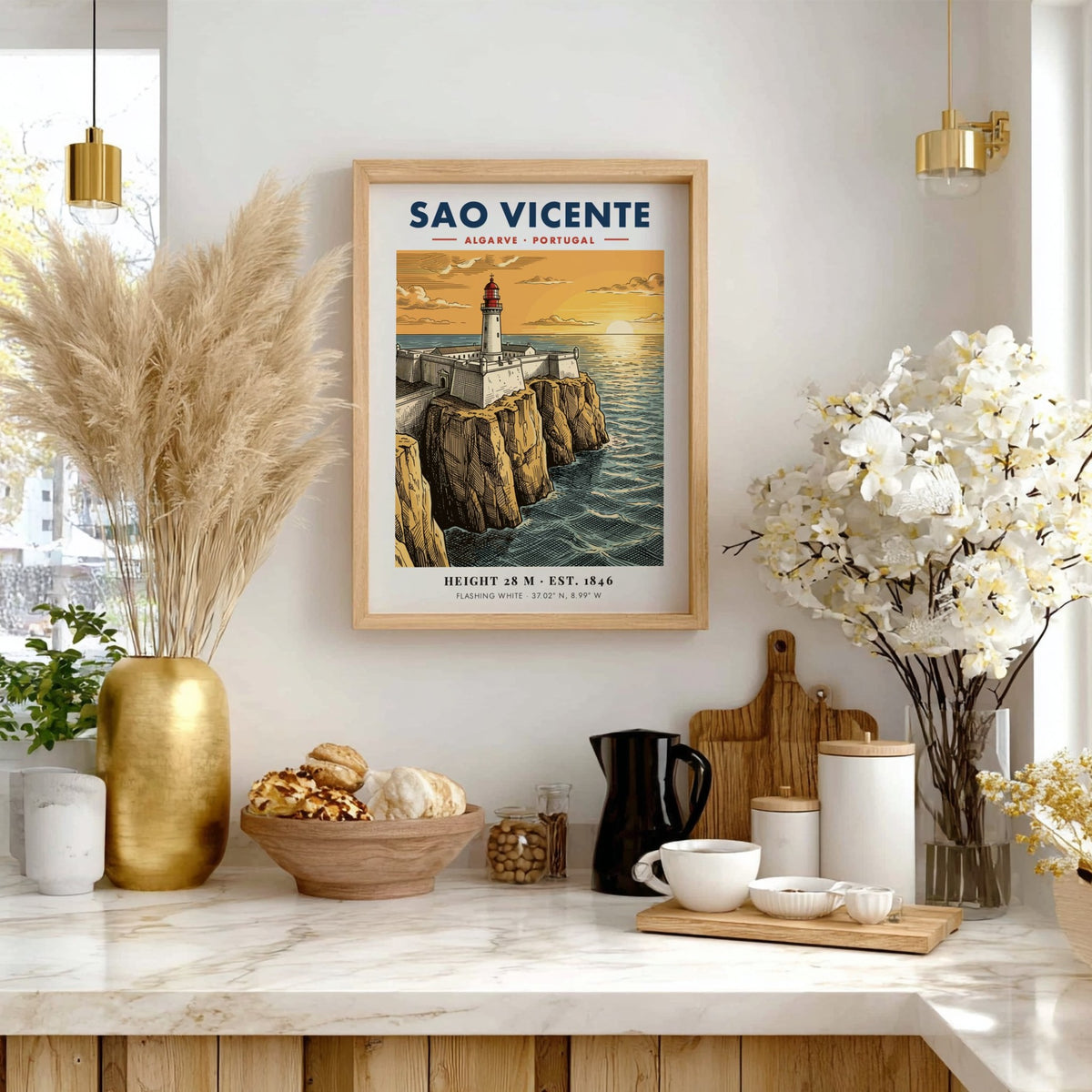 Poster showing the Sao Vicente lighthouse on a cliff at sunset, Algarve, Portugal.