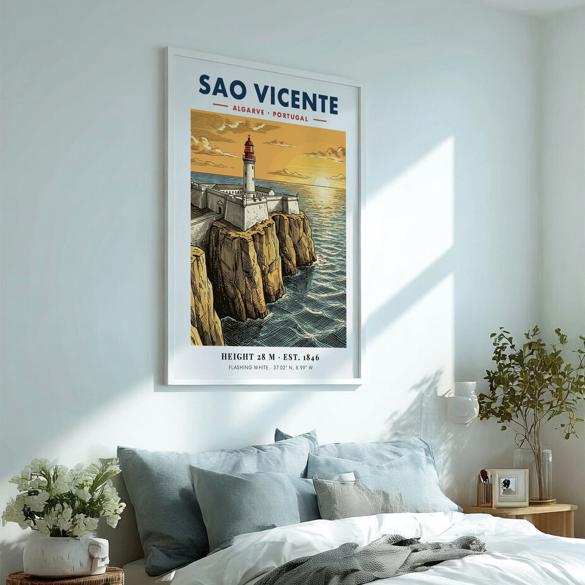 Poster showing the Sao Vicente lighthouse on a cliff at sunset, Algarve, Portugal.