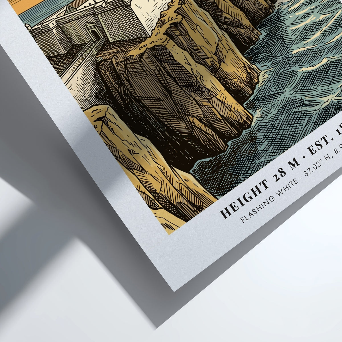 Poster showing the Sao Vicente lighthouse on a cliff at sunset, Algarve, Portugal.
