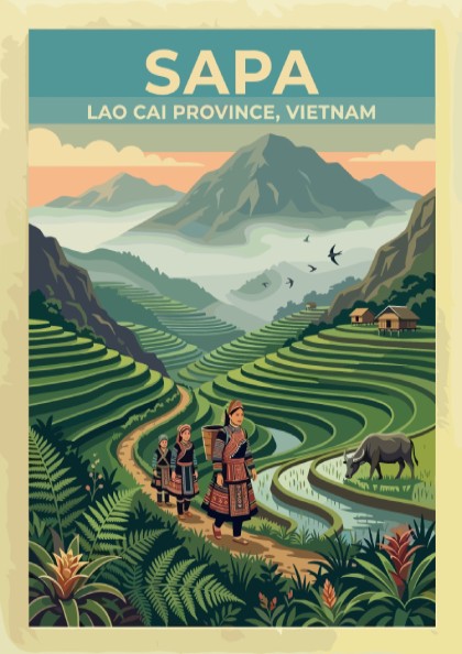 Sapa travel poster featuring women walking through lush green rice terraces in Vietnam