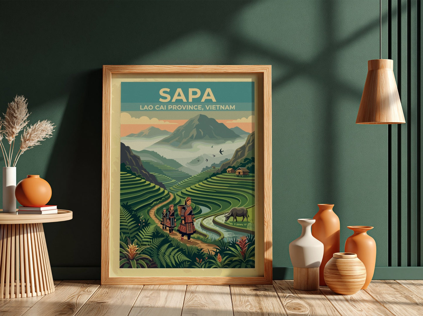 Sapa travel poster featuring women walking through lush green rice terraces in Vietnam