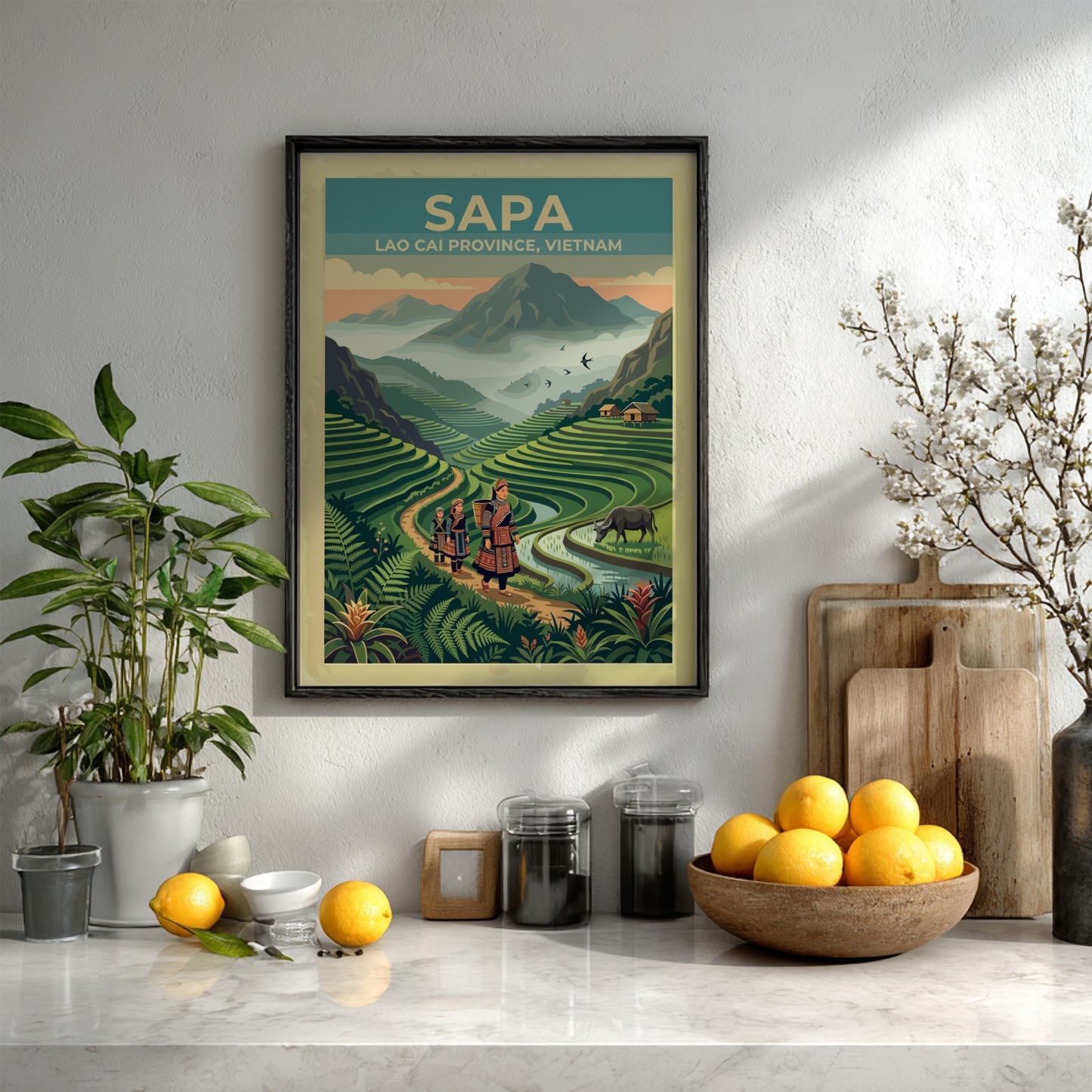 Sapa travel poster featuring women walking through lush green rice terraces in Vietnam