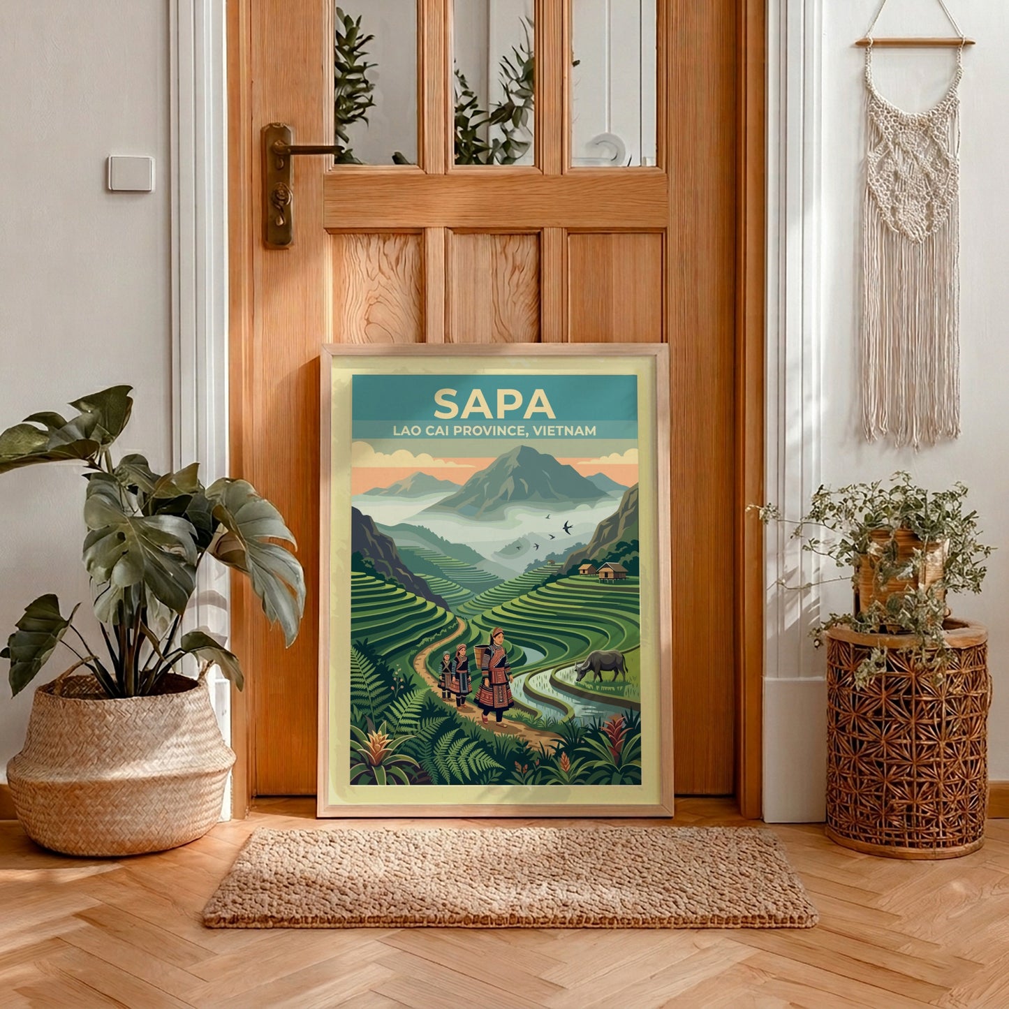 Sapa travel poster featuring women walking through lush green rice terraces in Vietnam