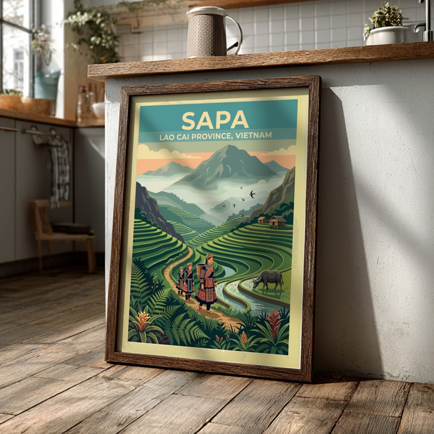 Sapa travel poster featuring women walking through lush green rice terraces in Vietnam