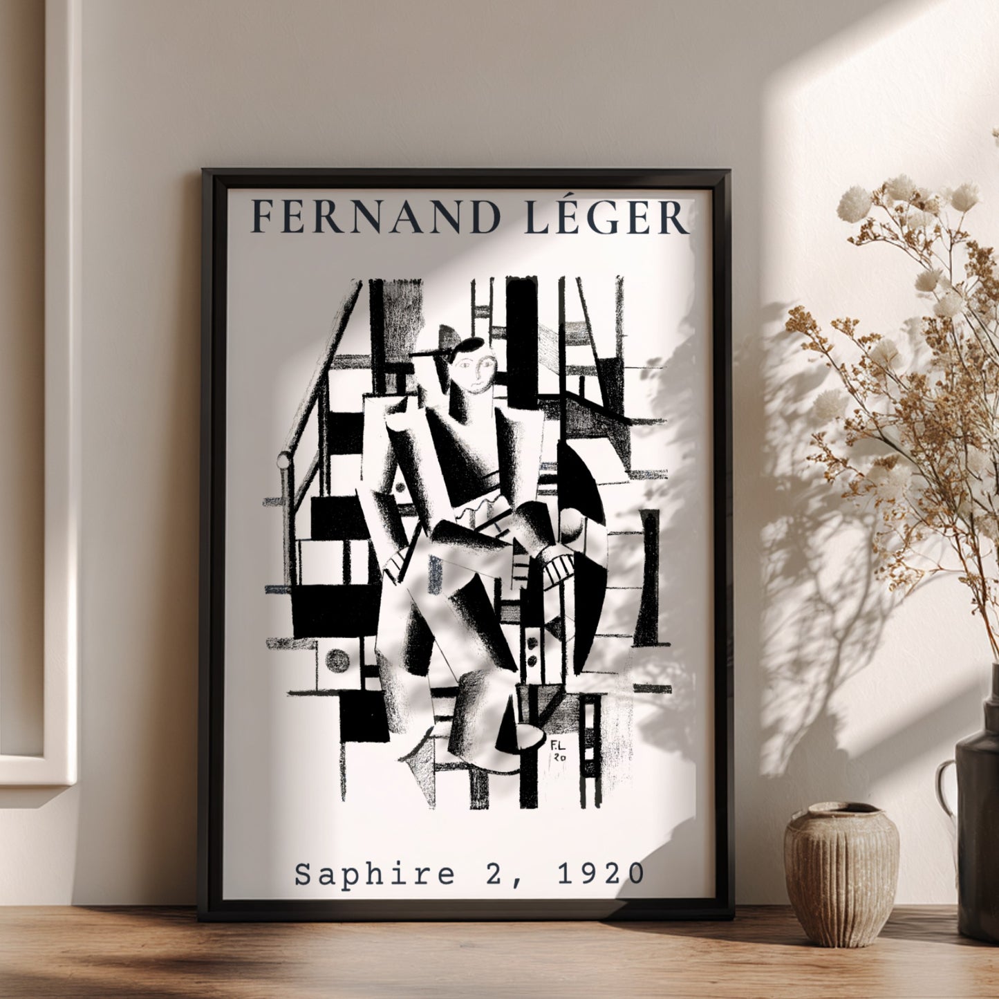 Fernand Léger Saphire 2 poster featuring a cubist figure and architectural elements in black and white.
