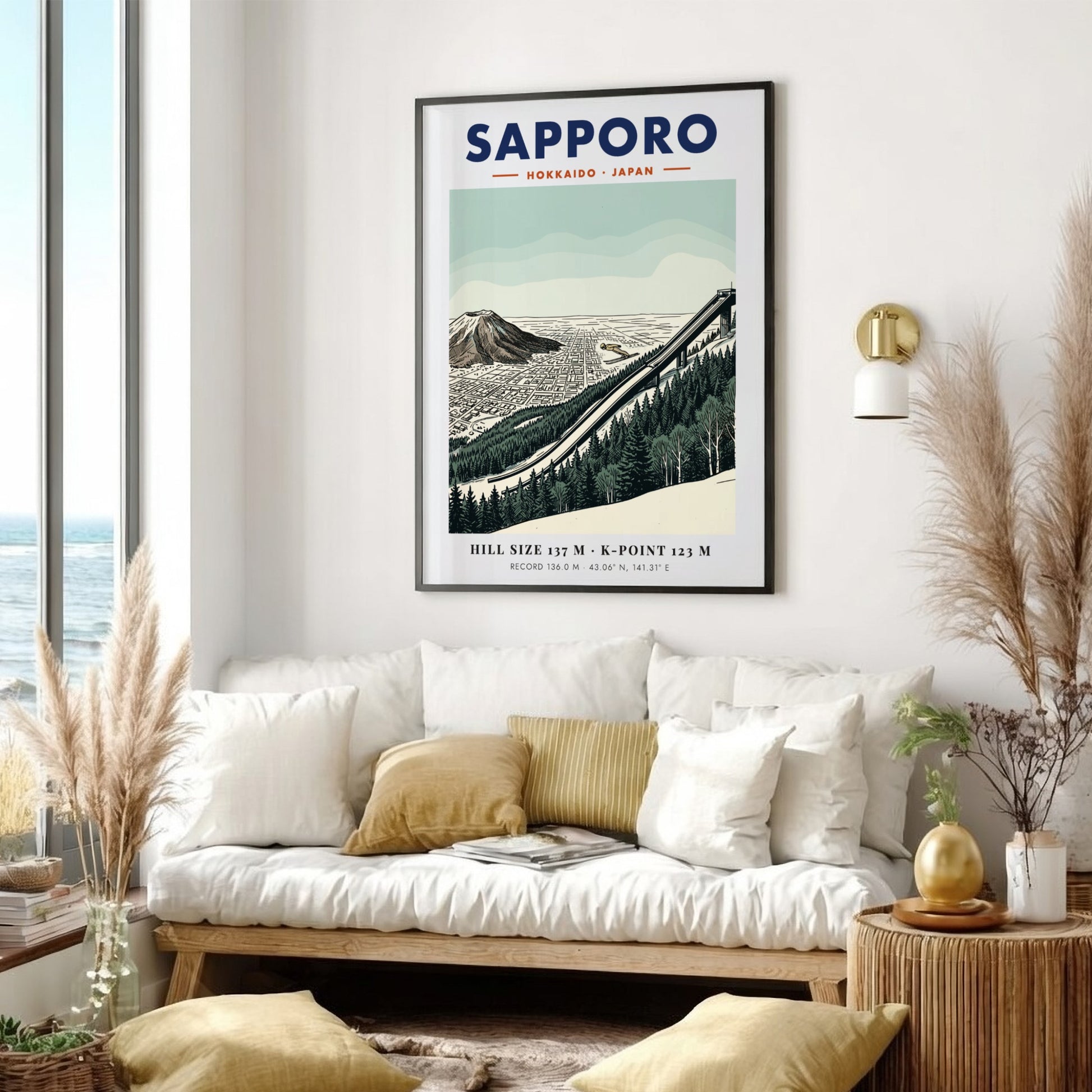 Sapporo ski jumping travel poster featuring the Okurayama ramp and mountain in green