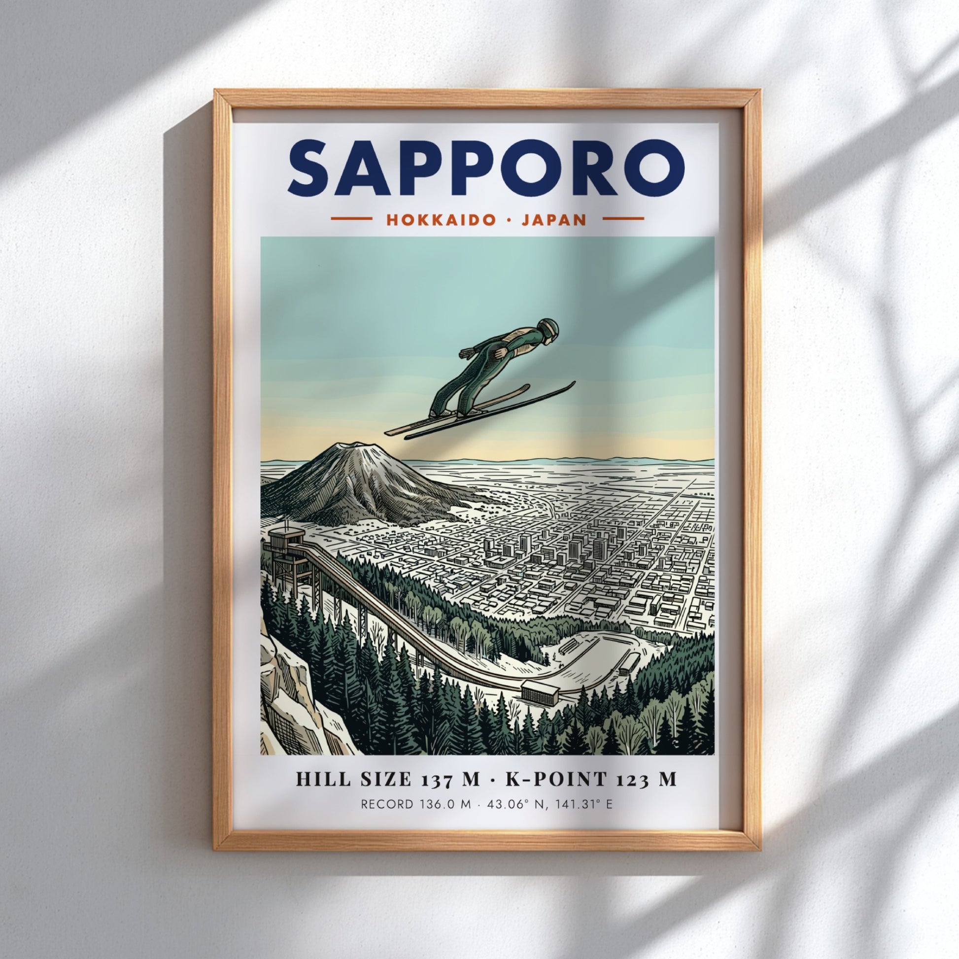Poster of a ski jumper in flight over the cityscape of Sapporo Japan.