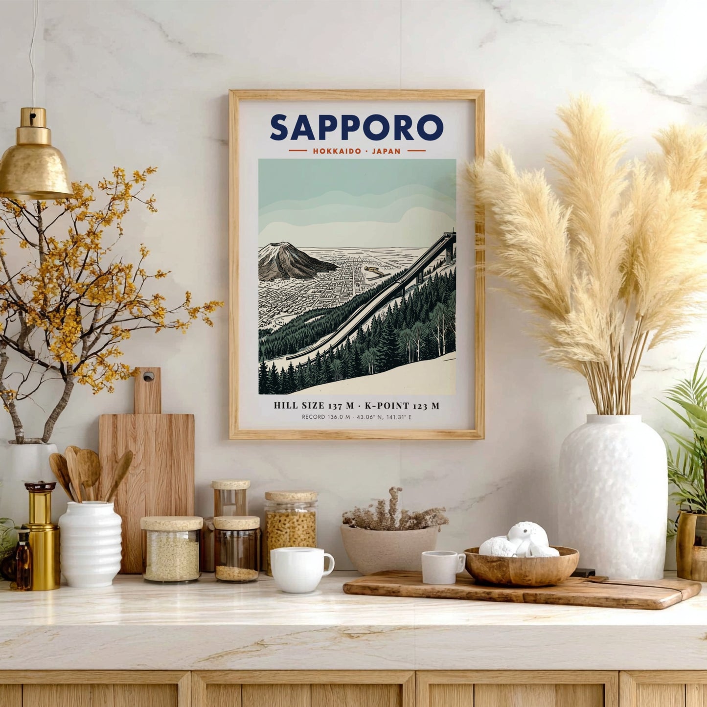 Sapporo ski jumping travel poster featuring the Okurayama ramp and mountain in green