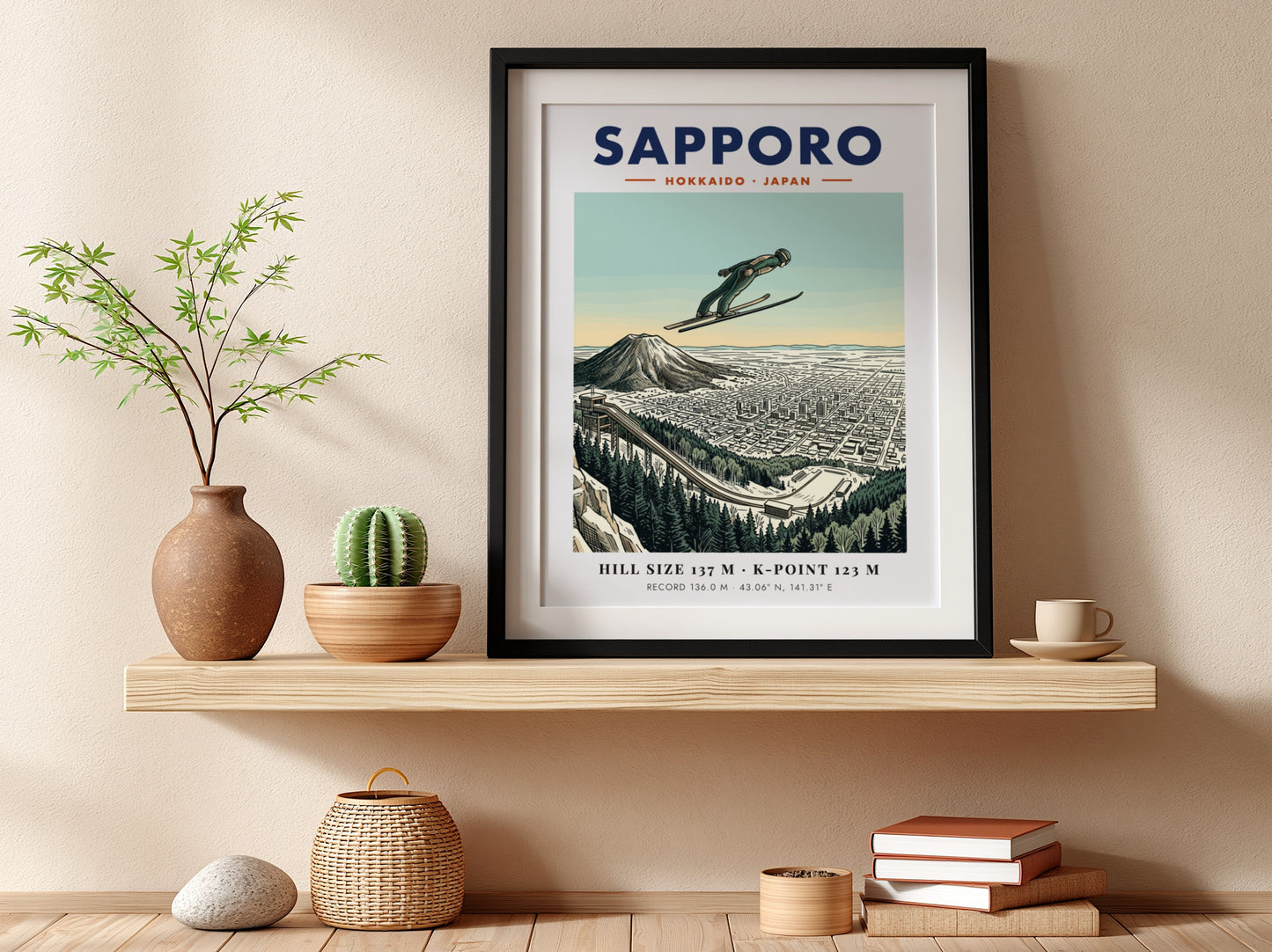 Poster of a ski jumper in flight over the cityscape of Sapporo Japan.