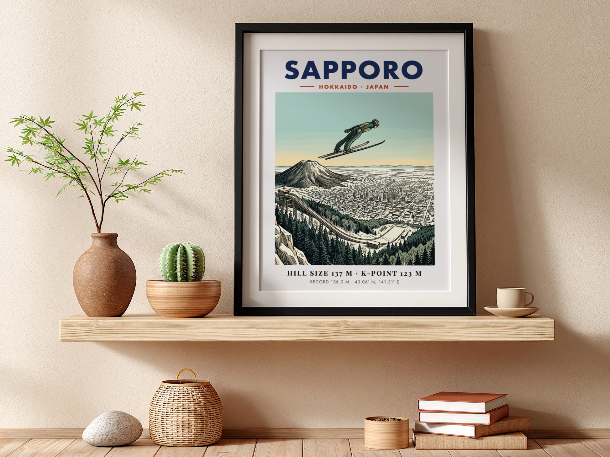 Poster of a ski jumper in flight over the cityscape of Sapporo Japan.