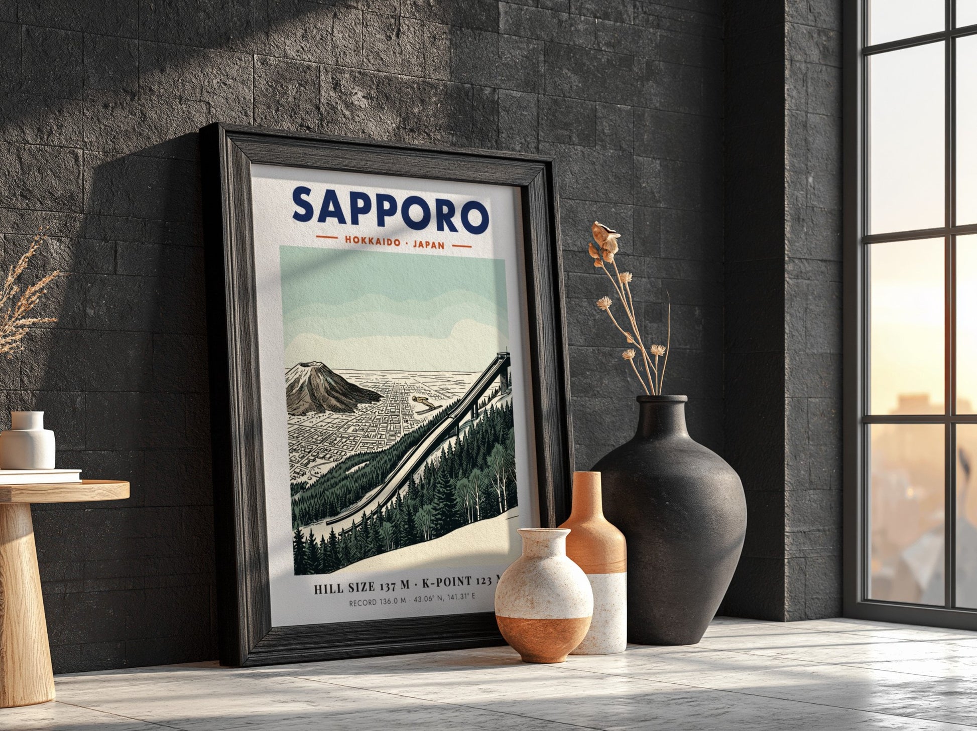 Sapporo ski jumping travel poster featuring the Okurayama ramp and mountain in green