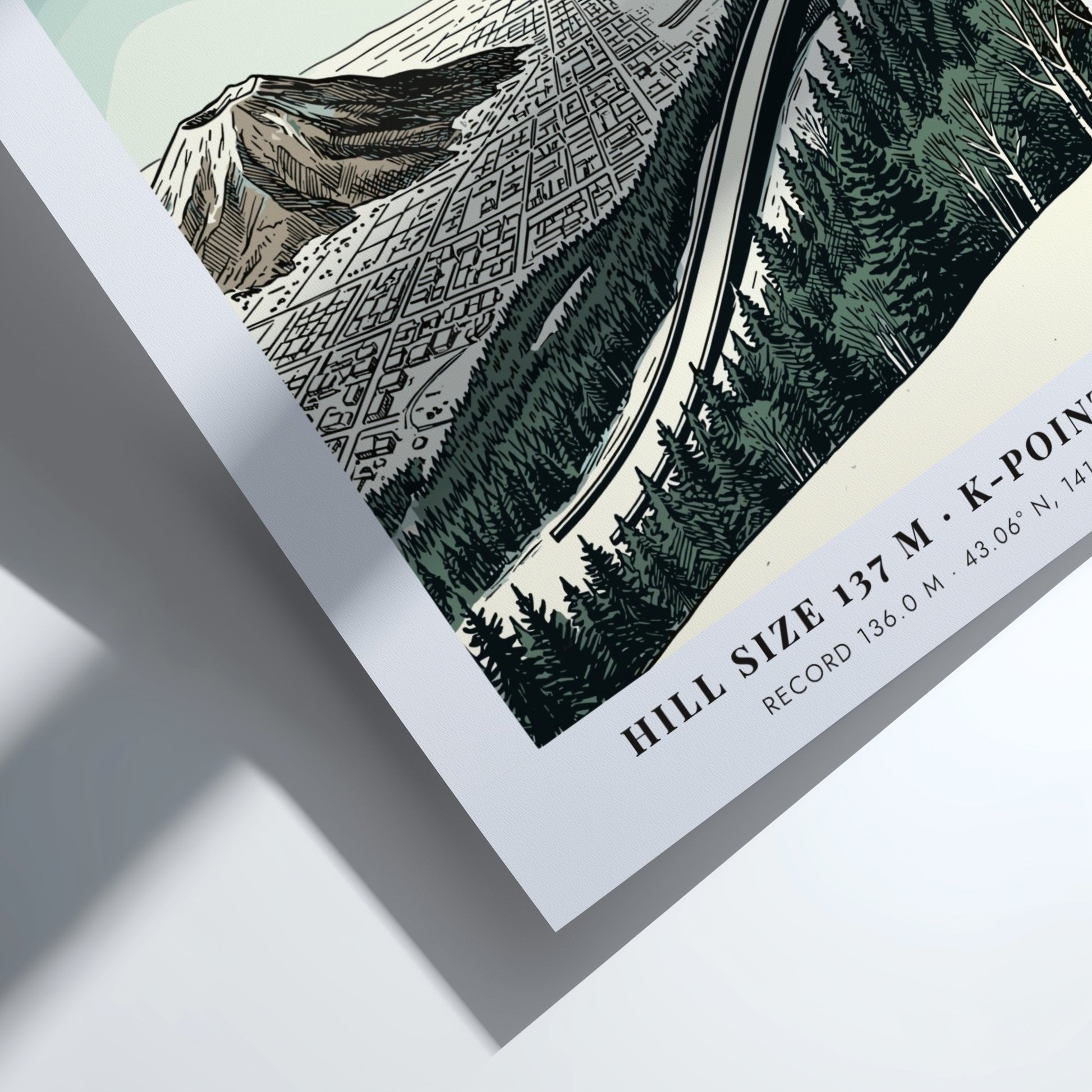Sapporo ski jumping travel poster featuring the Okurayama ramp and mountain in green