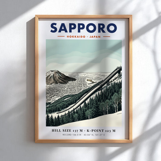 Sapporo ski jumping travel poster featuring the Okurayama ramp and mountain in green