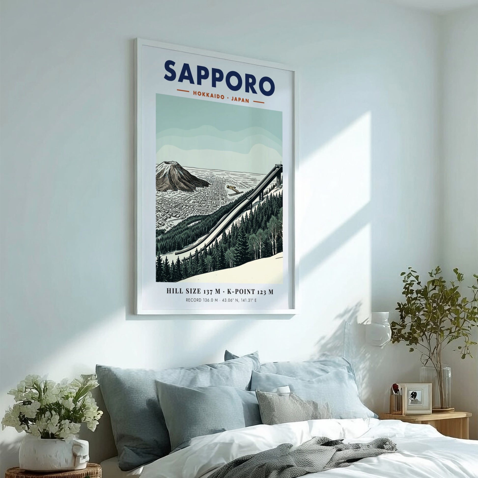 Sapporo ski jumping travel poster featuring the Okurayama ramp and mountain in green