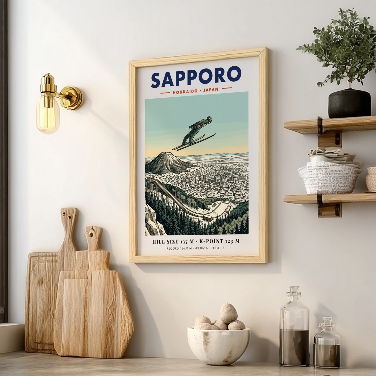 Poster of a ski jumper in flight over the cityscape of Sapporo Japan.