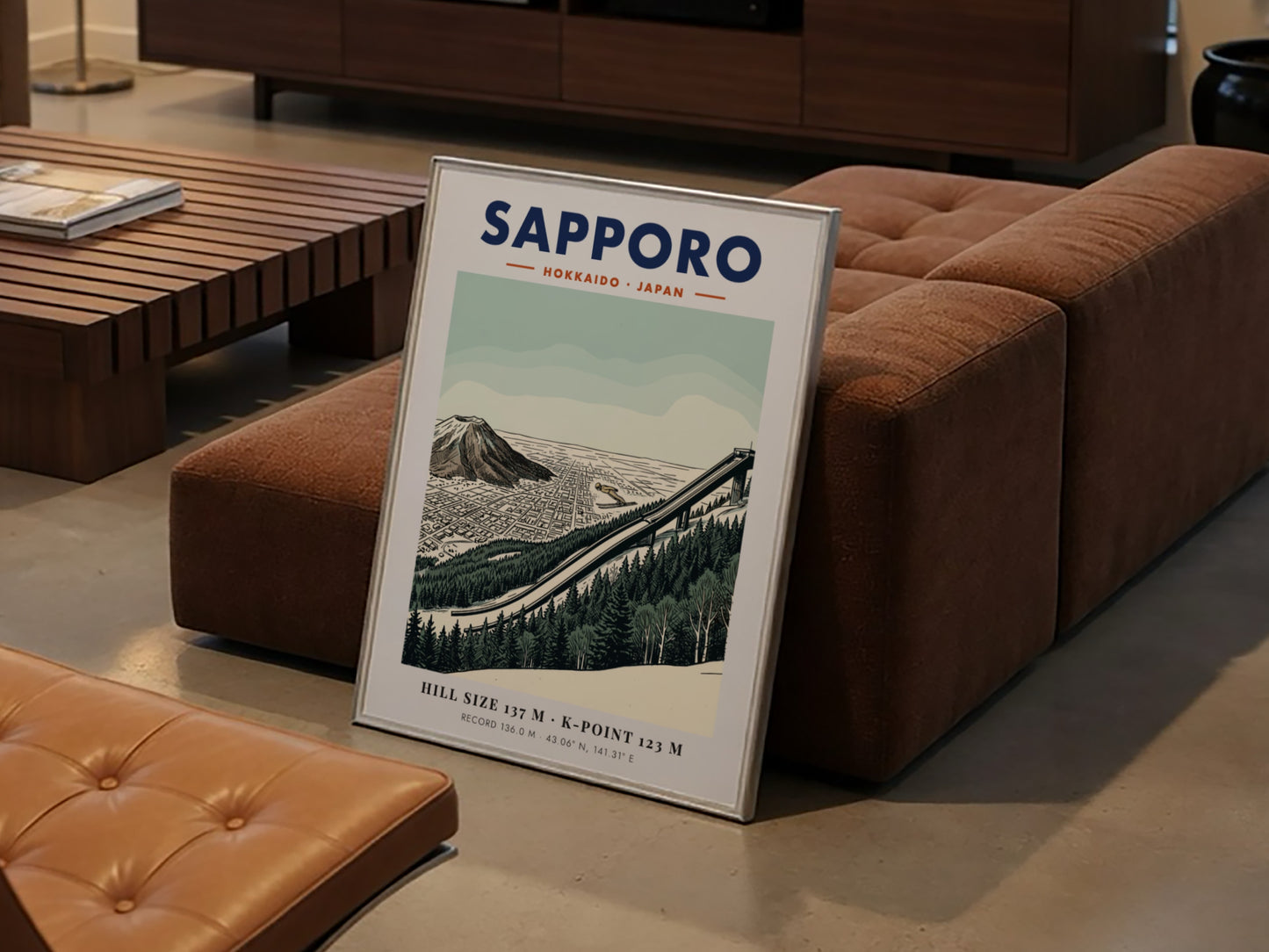 Sapporo ski jumping travel poster featuring the Okurayama ramp and mountain in green