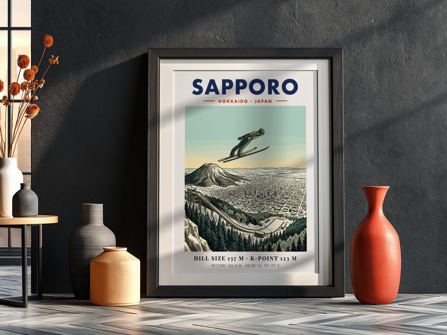 Poster of a ski jumper in flight over the cityscape of Sapporo Japan.