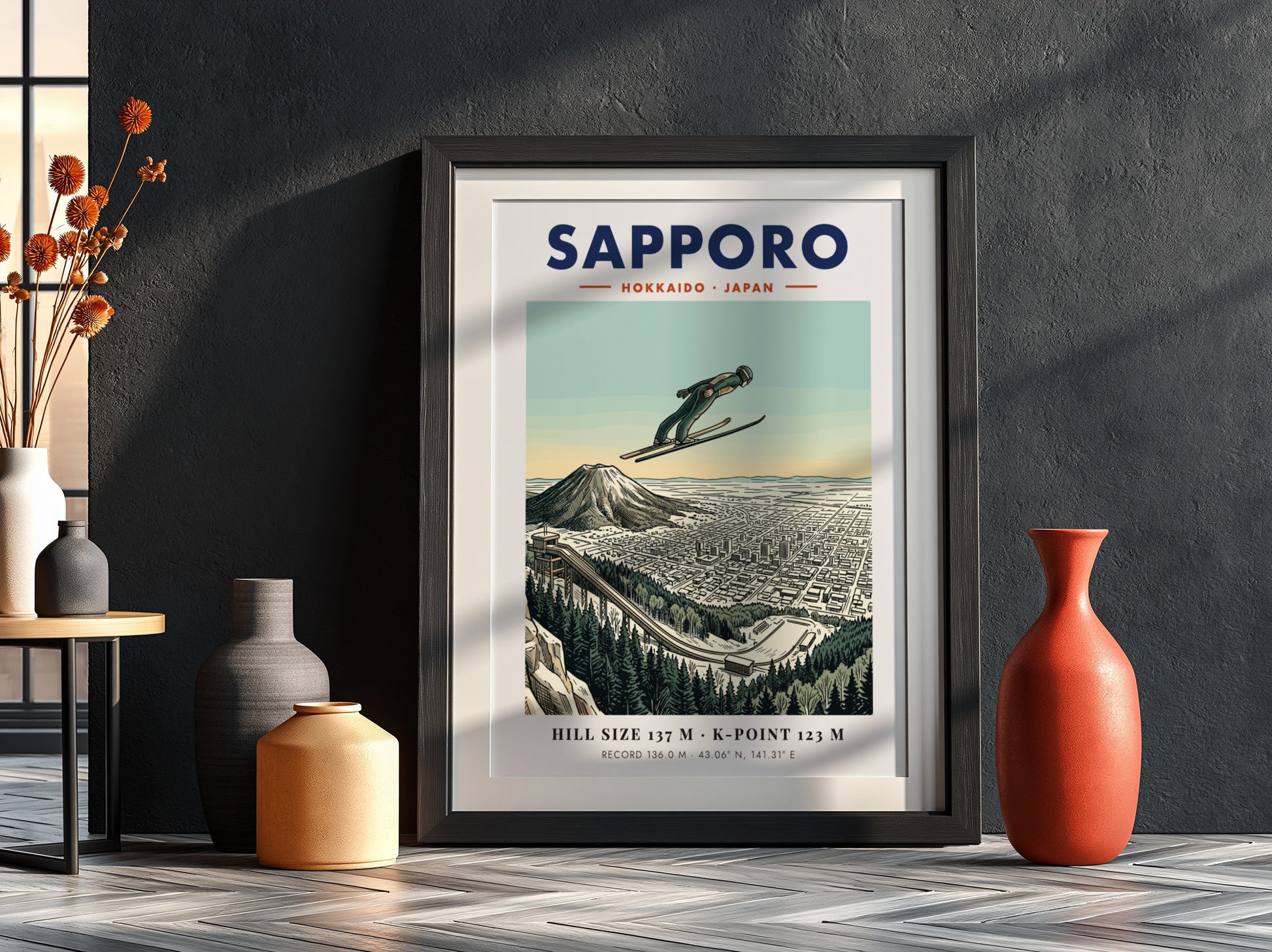 Poster of a ski jumper in flight over the cityscape of Sapporo Japan.