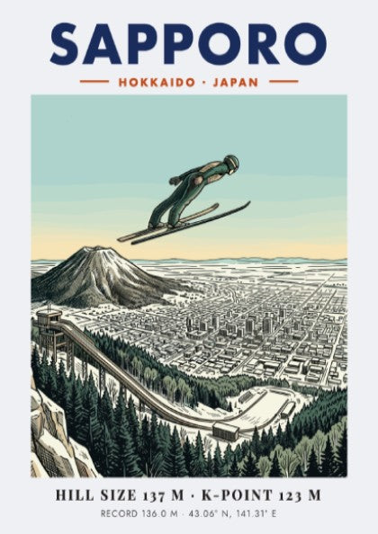 Poster of a ski jumper in flight over the cityscape of Sapporo Japan.