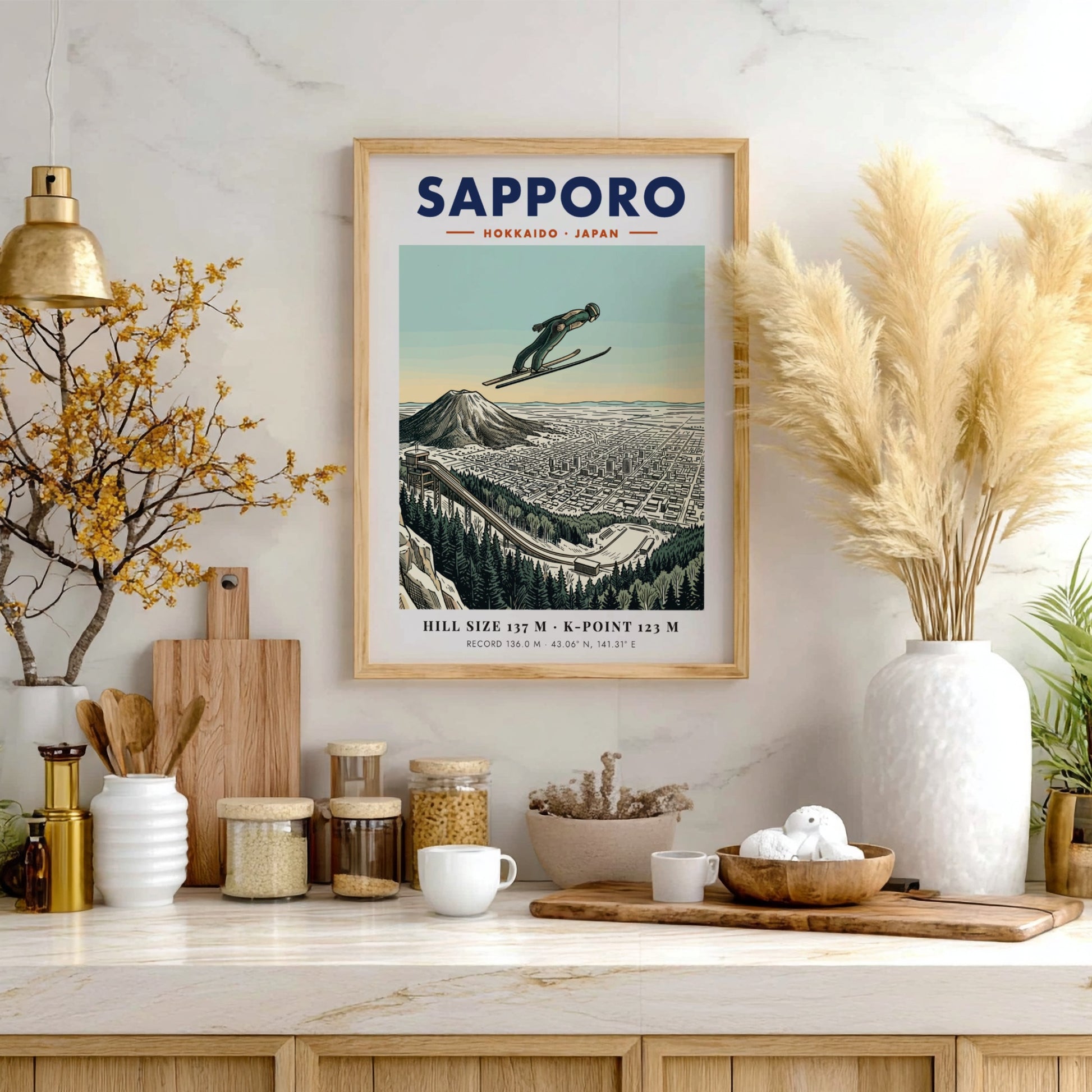 Poster of a ski jumper in flight over the cityscape of Sapporo Japan.