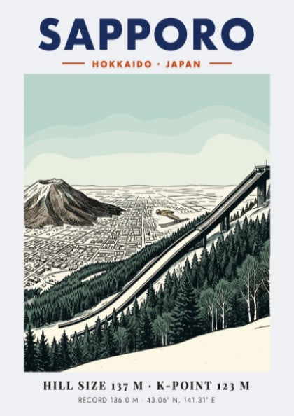 Sapporo ski jumping travel poster featuring the Okurayama ramp and mountain in green