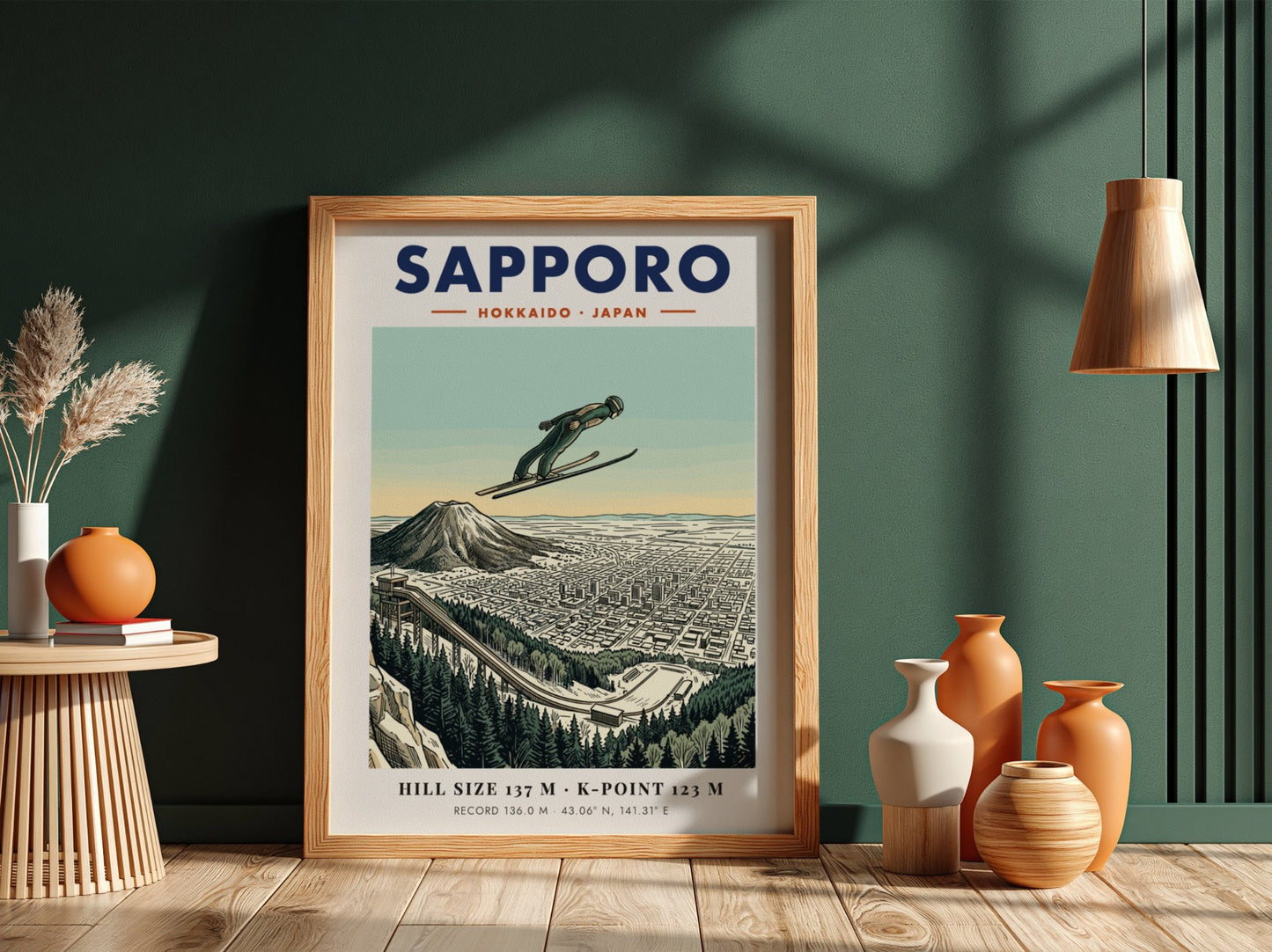 Poster of a ski jumper in flight over the cityscape of Sapporo Japan.