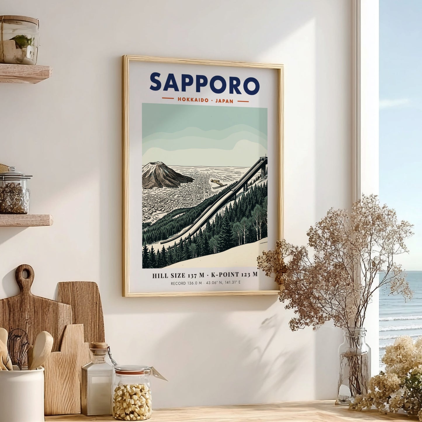 Sapporo ski jumping travel poster featuring the Okurayama ramp and mountain in green