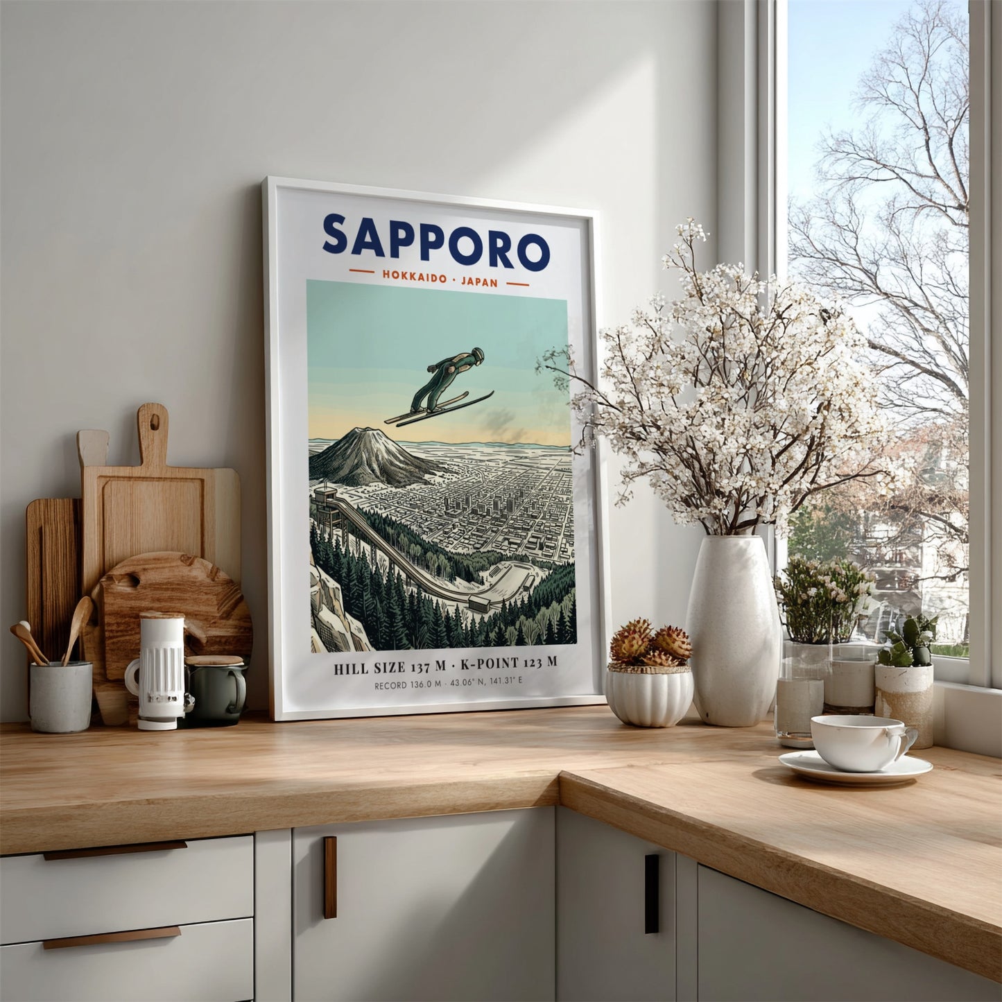 Poster of a ski jumper in flight over the cityscape of Sapporo Japan.