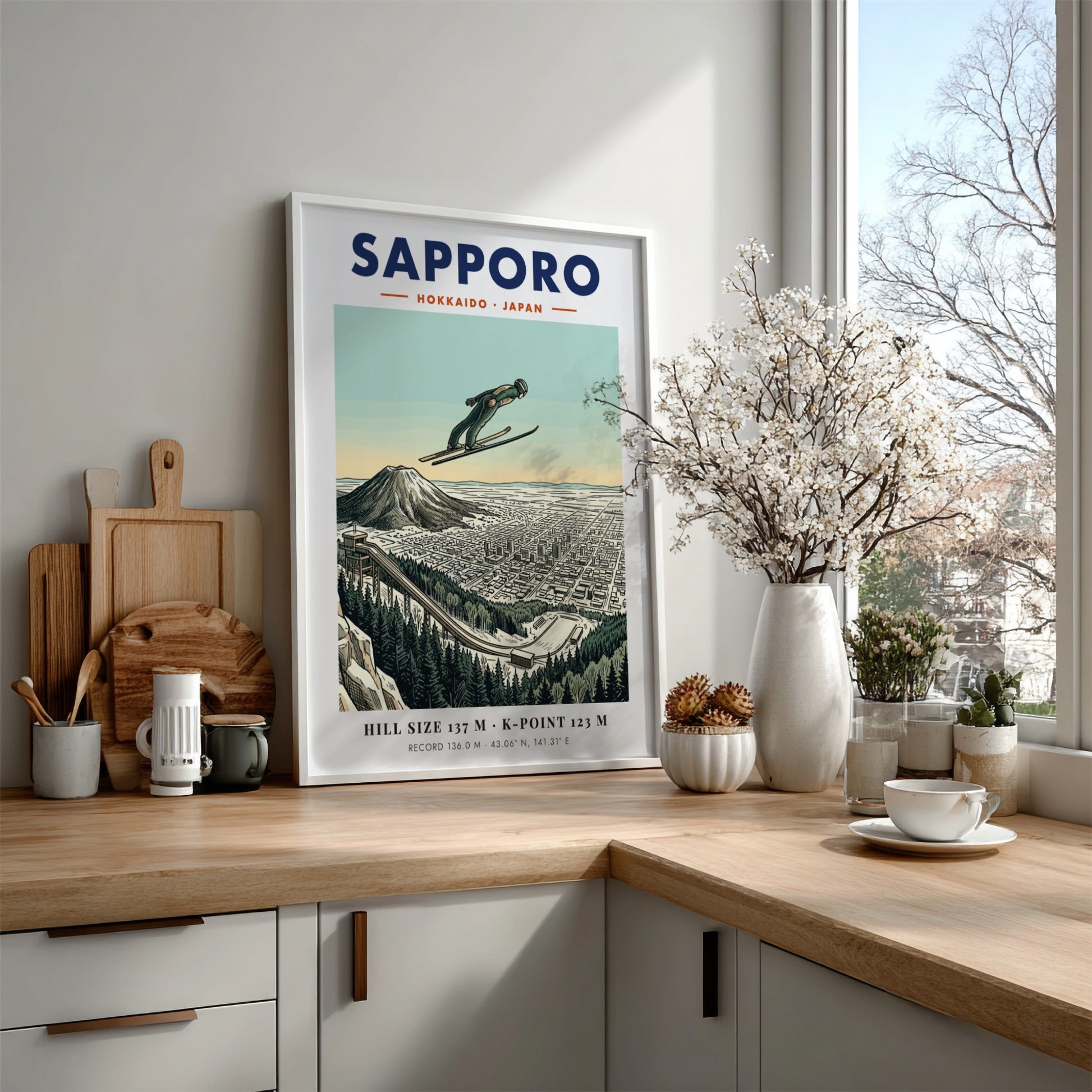 Poster of a ski jumper in flight over the cityscape of Sapporo Japan.
