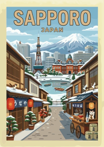 Sapporo Japan travel poster featuring a snowy street scene with traditional buildings and mountains.