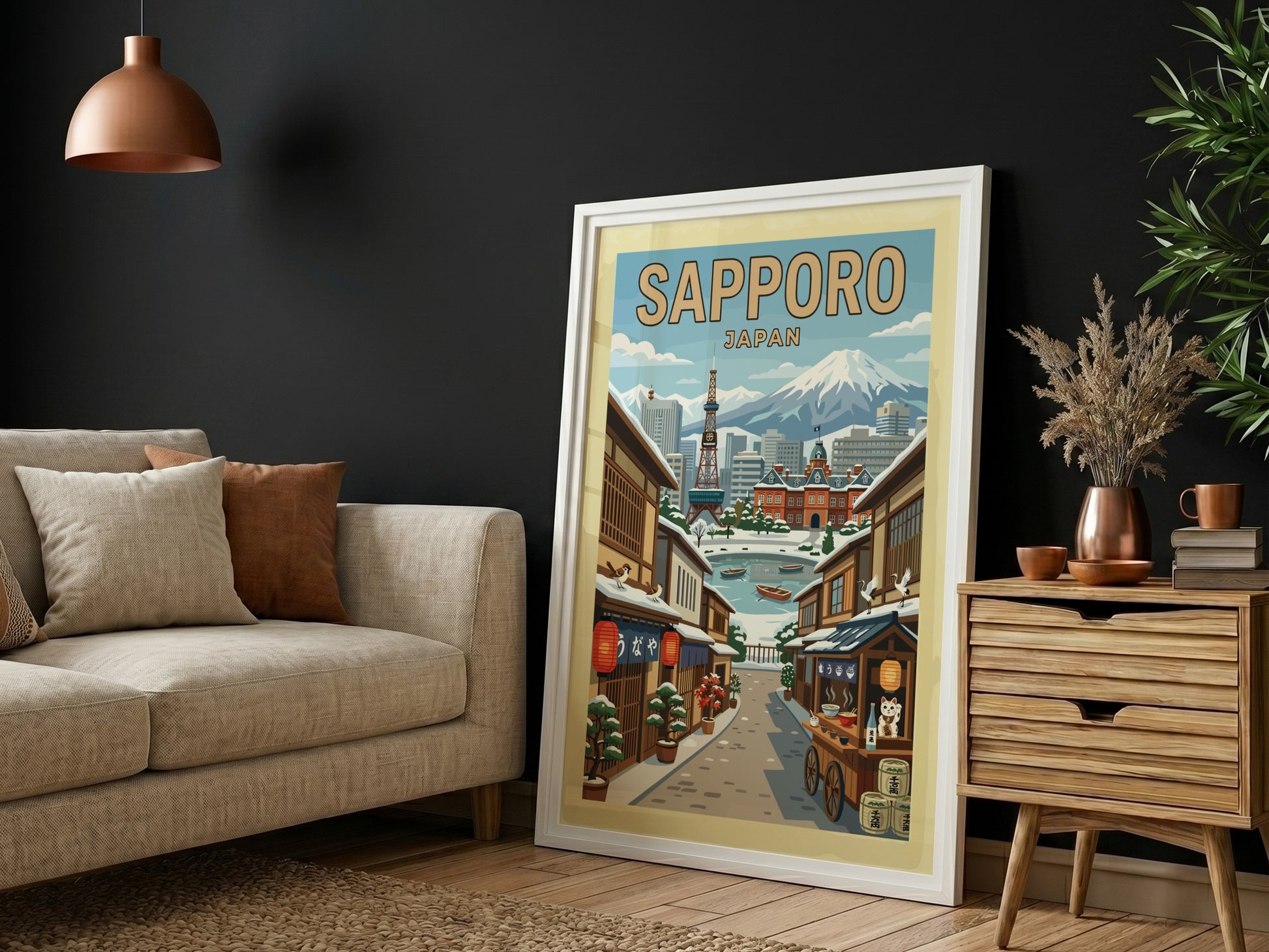 Sapporo Japan travel poster featuring a snowy street scene with traditional buildings and mountains.