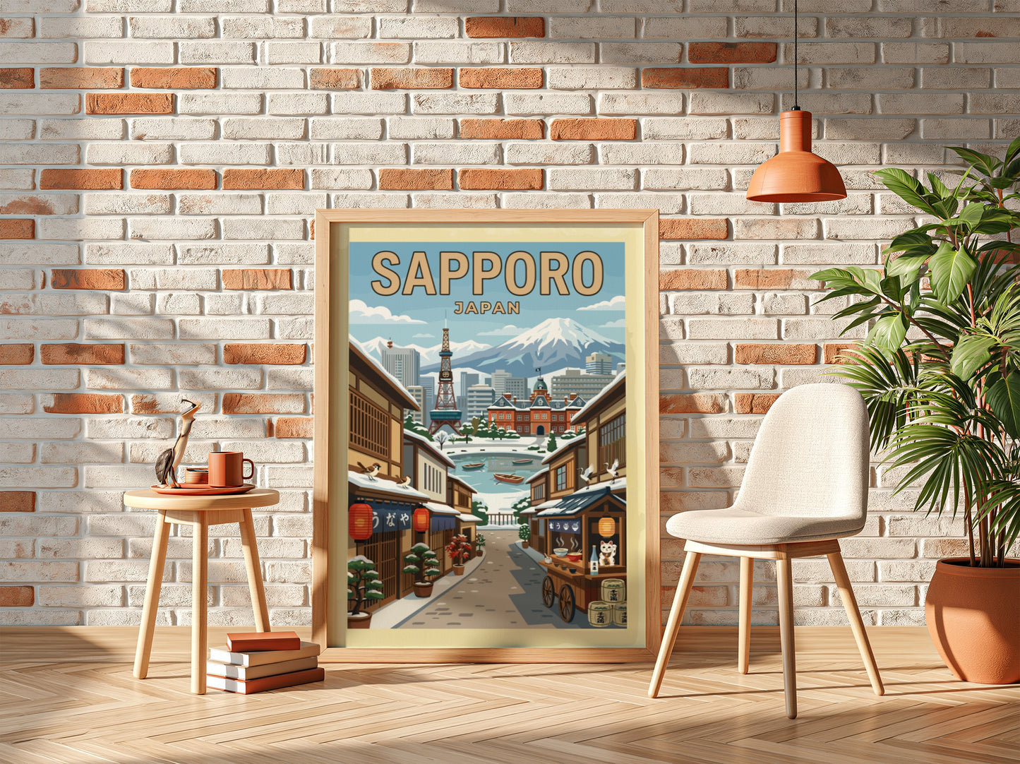 Sapporo Japan travel poster featuring a snowy street scene with traditional buildings and mountains.