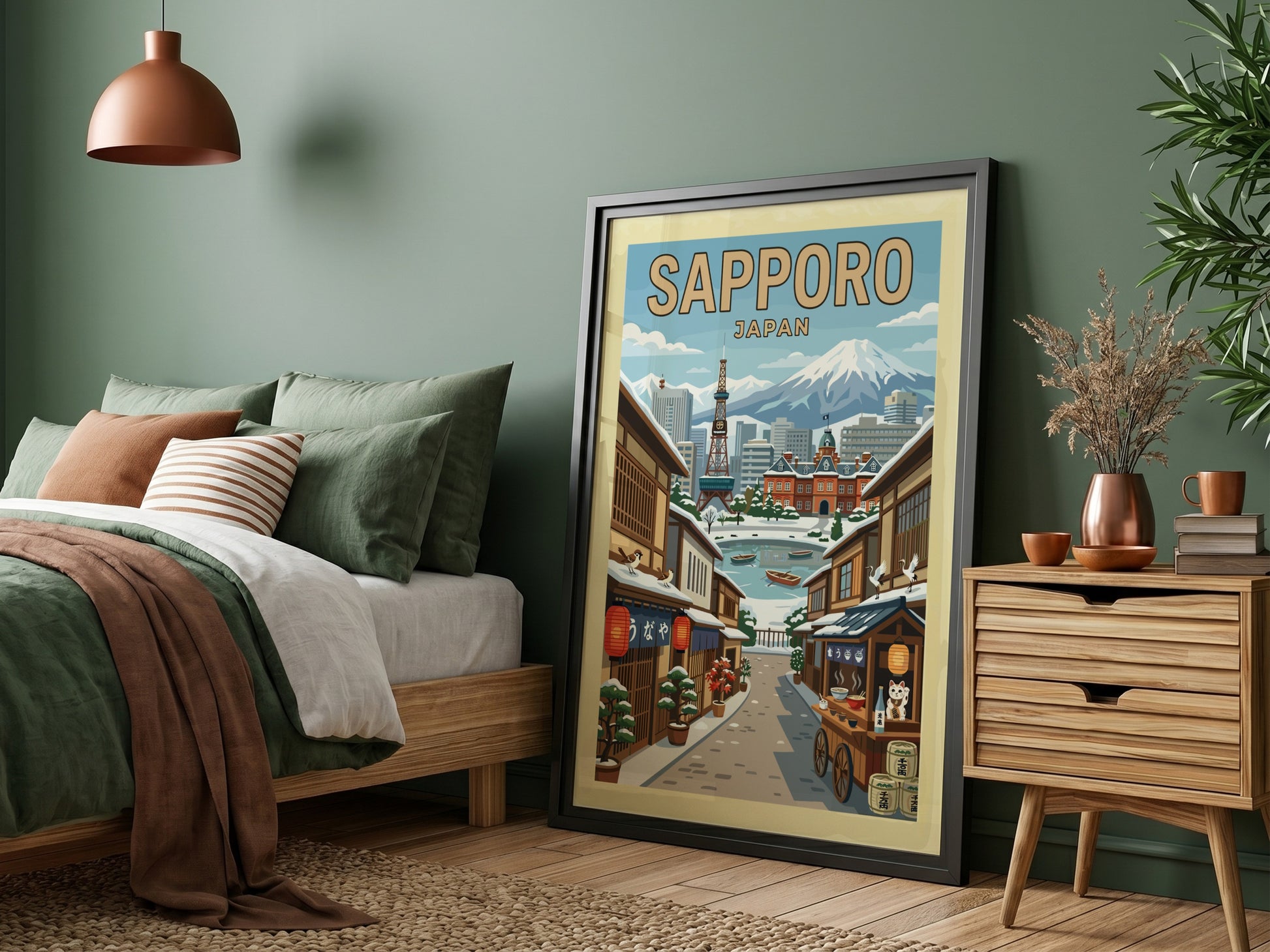 Sapporo Japan travel poster featuring a snowy street scene with traditional buildings and mountains.