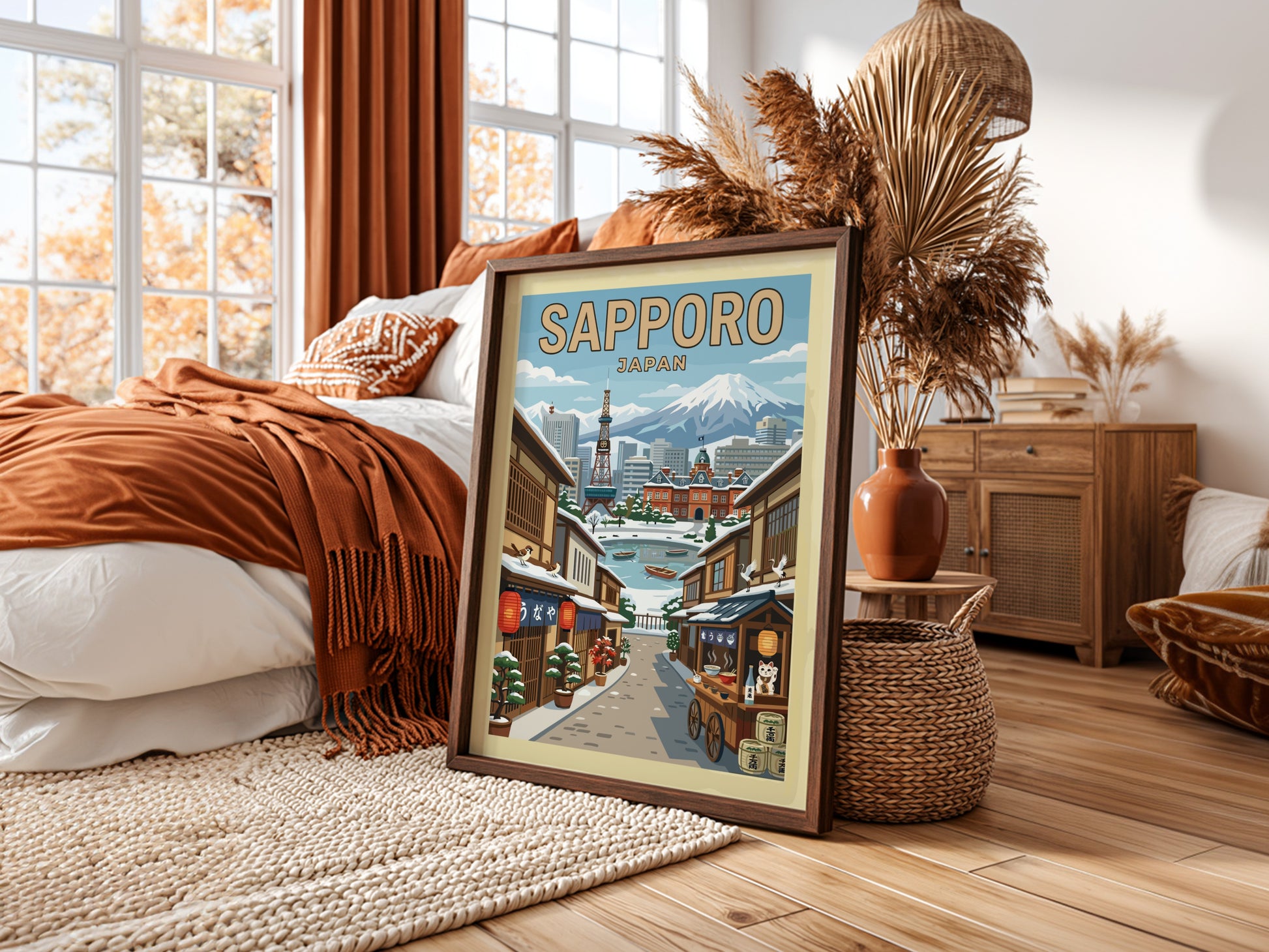 Sapporo Japan travel poster featuring a snowy street scene with traditional buildings and mountains.
